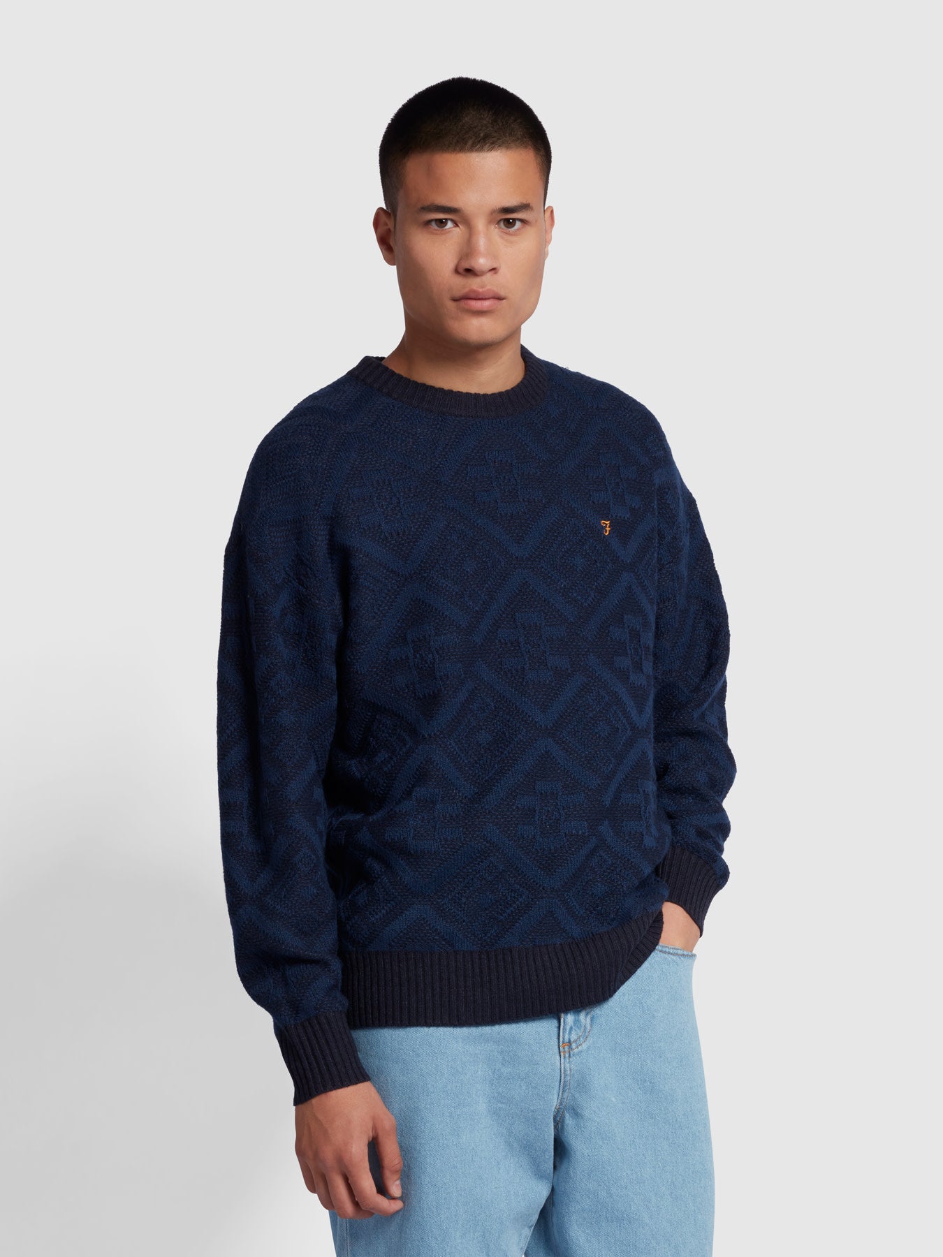 View Roma Archive Textured Knit Crew Neck Sweater In True Navy information