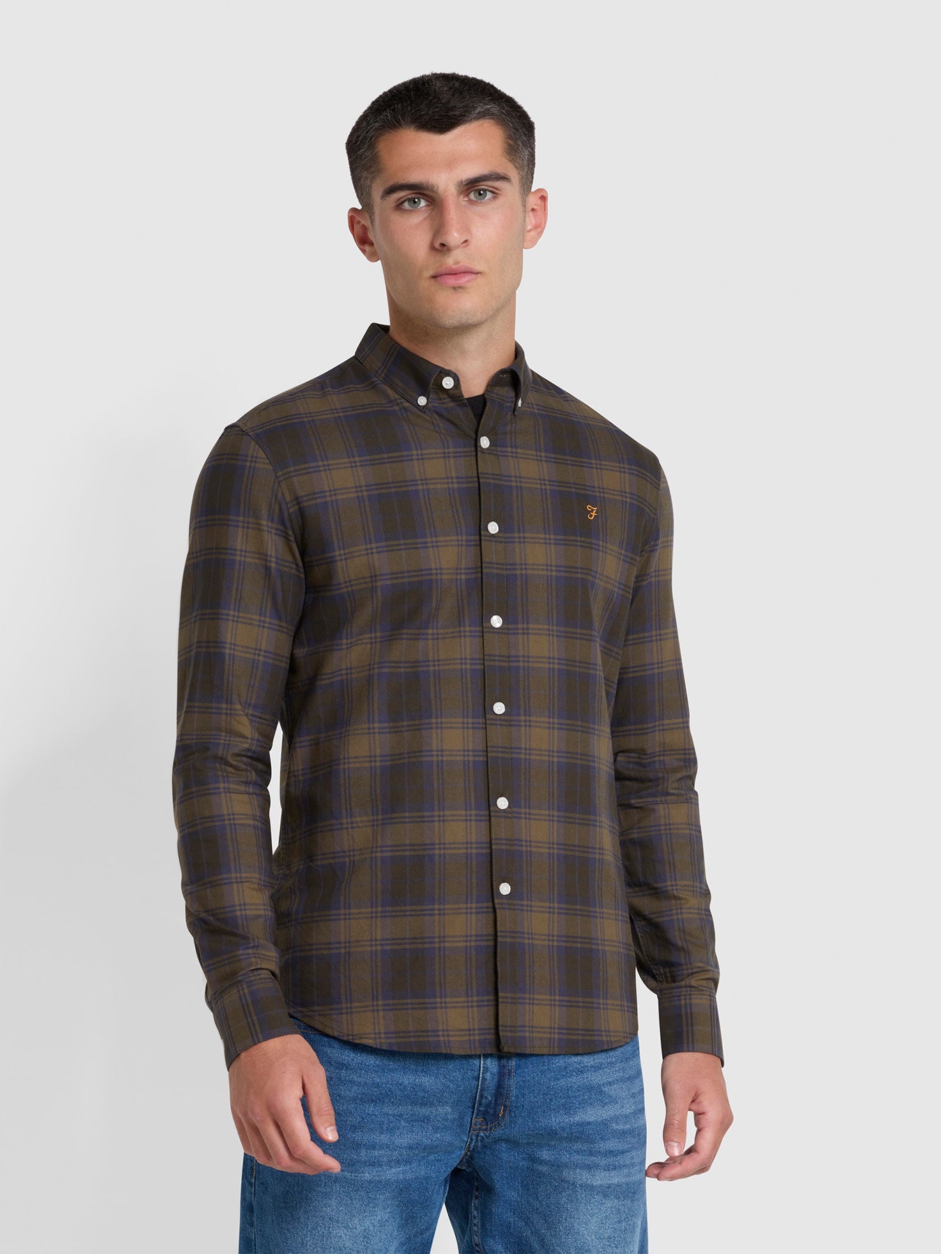 View Brewer Check Slim Fit Organic Cotton Long Sleeve Shirt In Liquorice Bl information