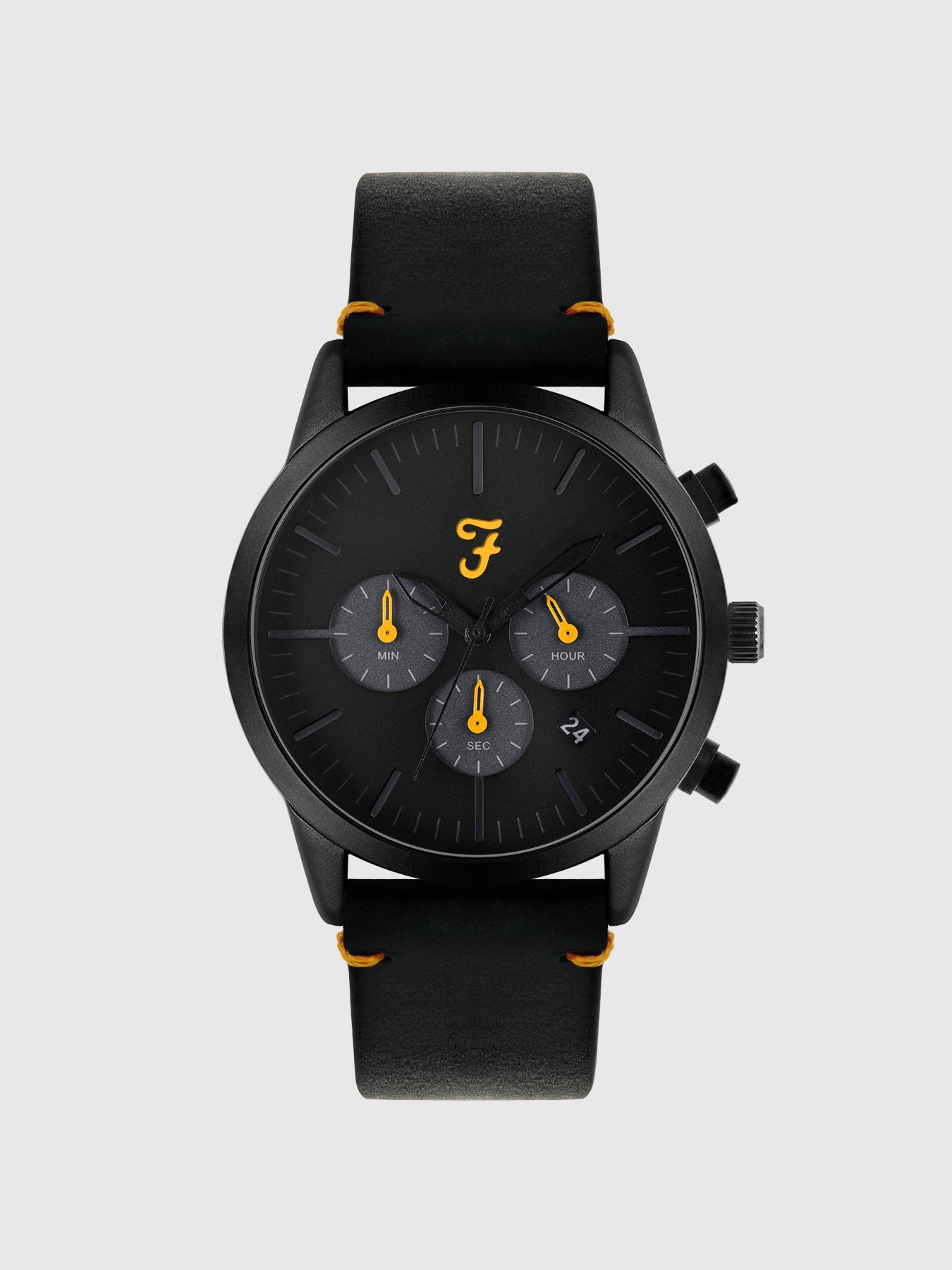 View Farah Chrono Watch With Leather Strap In Deep Black information