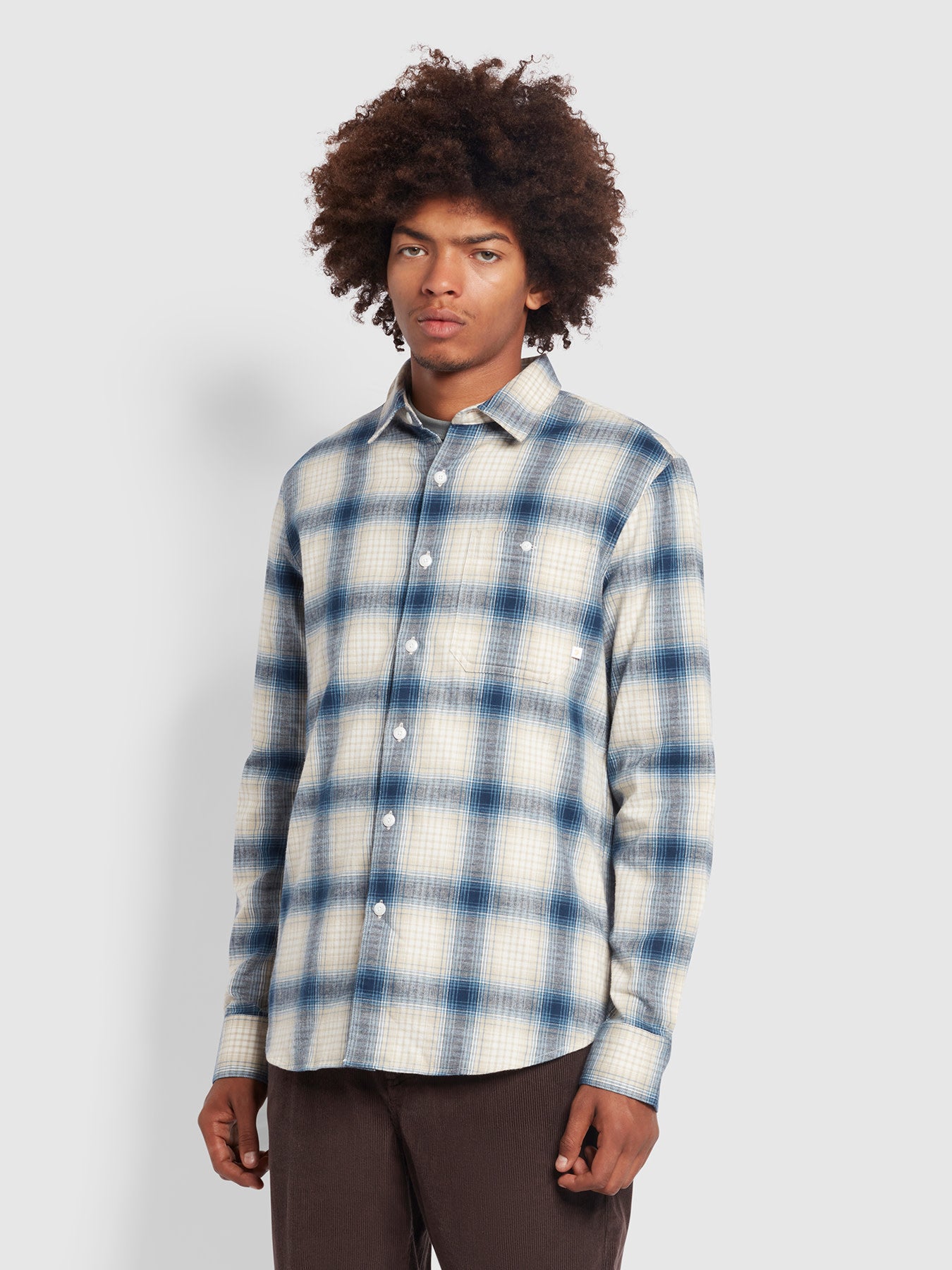 Farah Gregory Casual Fit Organic Cotton Check Shirt In Beige Blue