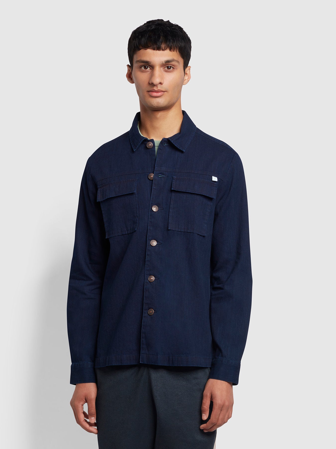 Farah Ellis Chambray Organic Cotton Denim Overshirt In Blue