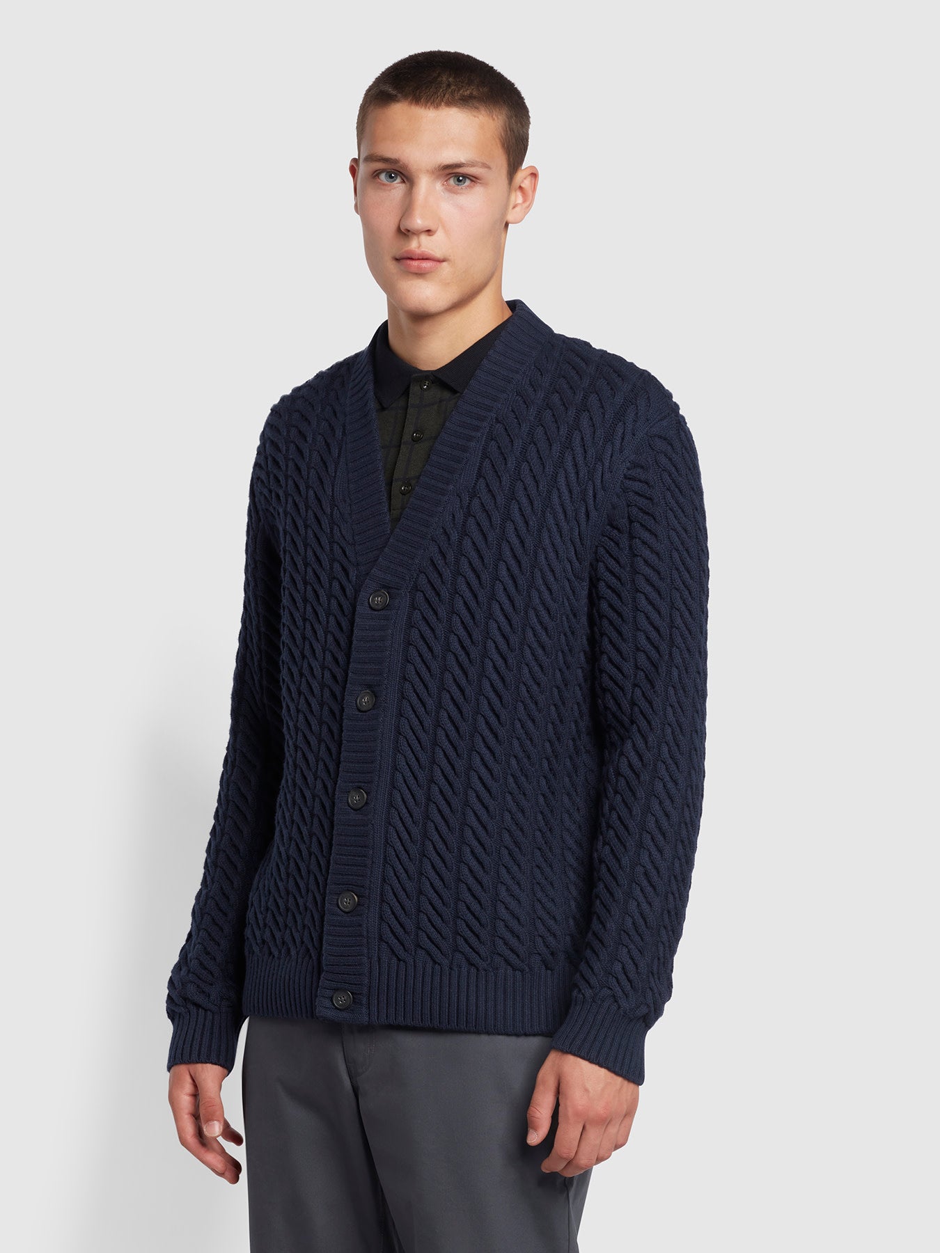 View Gabriel Regular Fit V Neck Cardigan In True Navy information