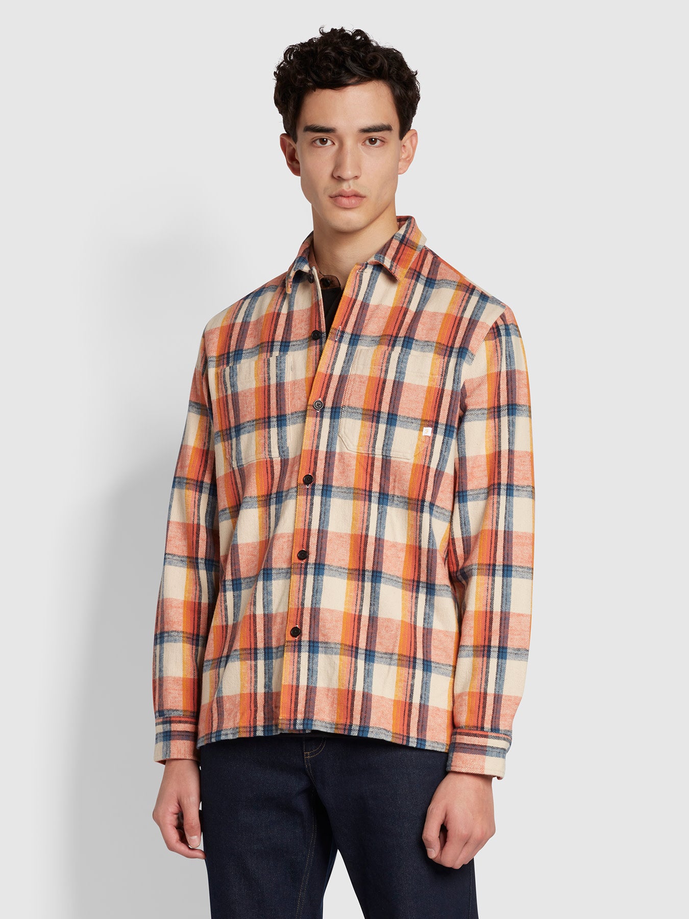 View Farah Whistler Relaxed Fit Organic Cotton Check Shirt In Cream Orange Mens information