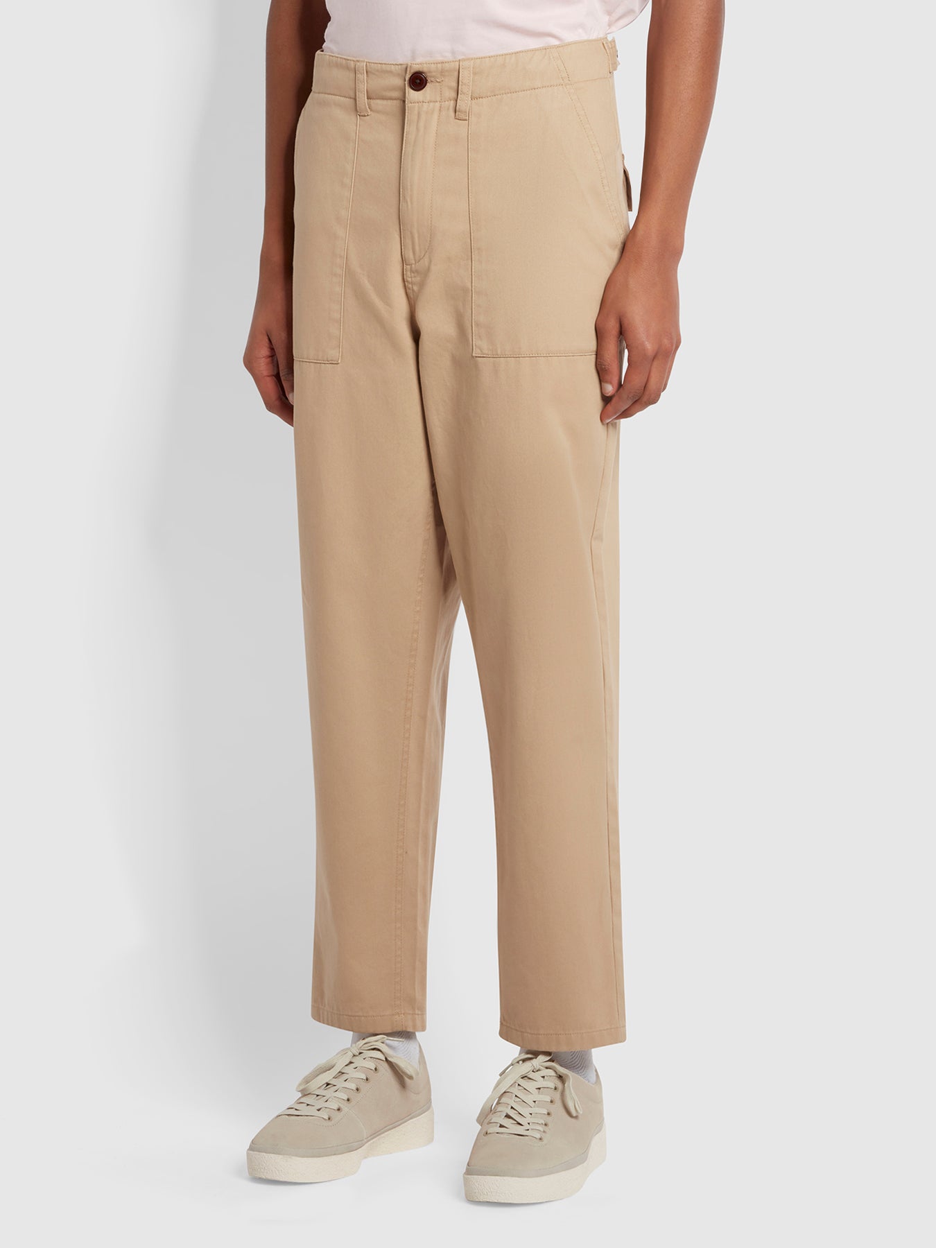 View Farah Hawtin Relaxed Tapered Fit Trousers In Light Sand Beige Mens information