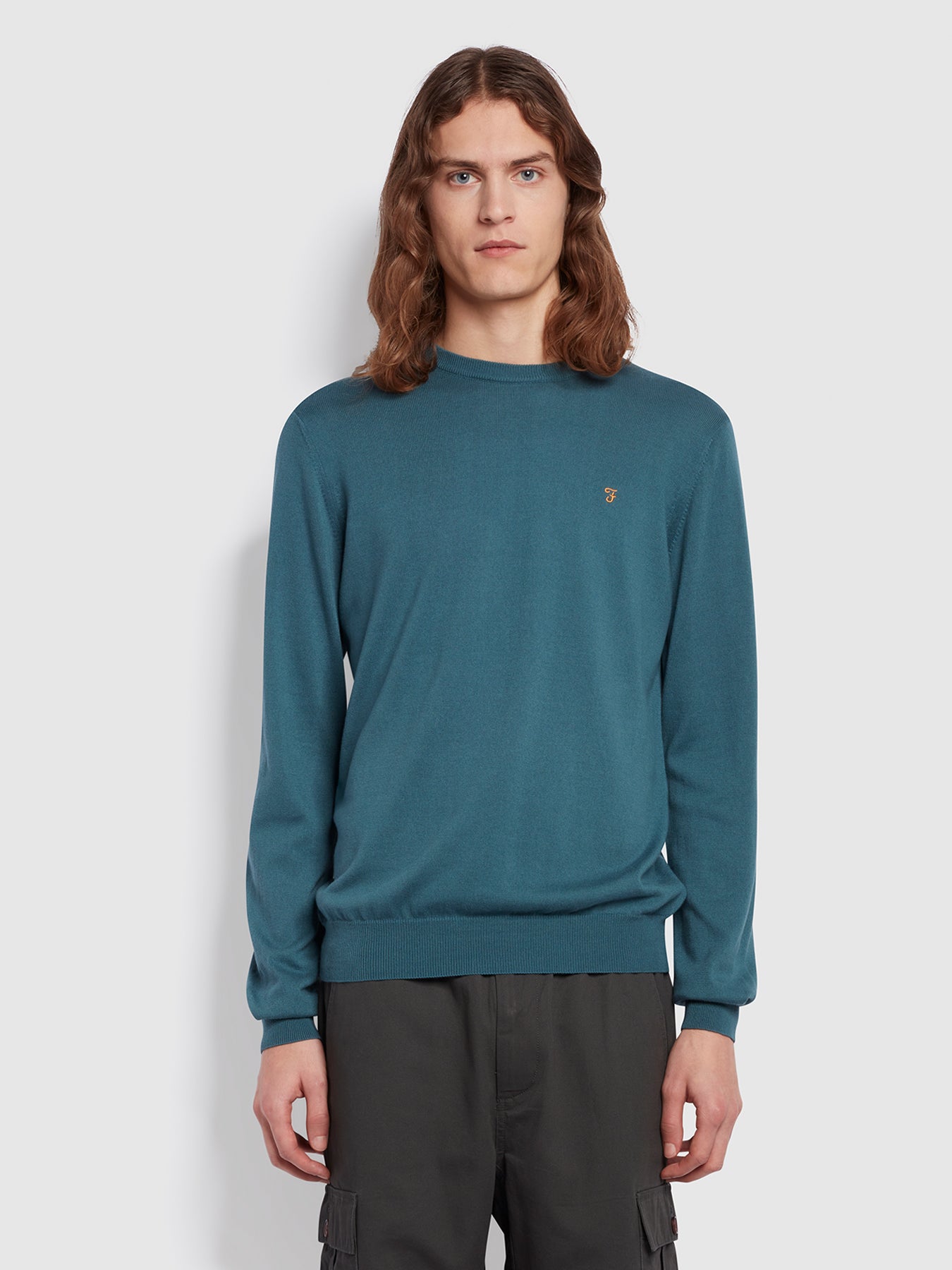 Farah Mullen Slim Fit Crew Neck Cotton Jumper In Blue