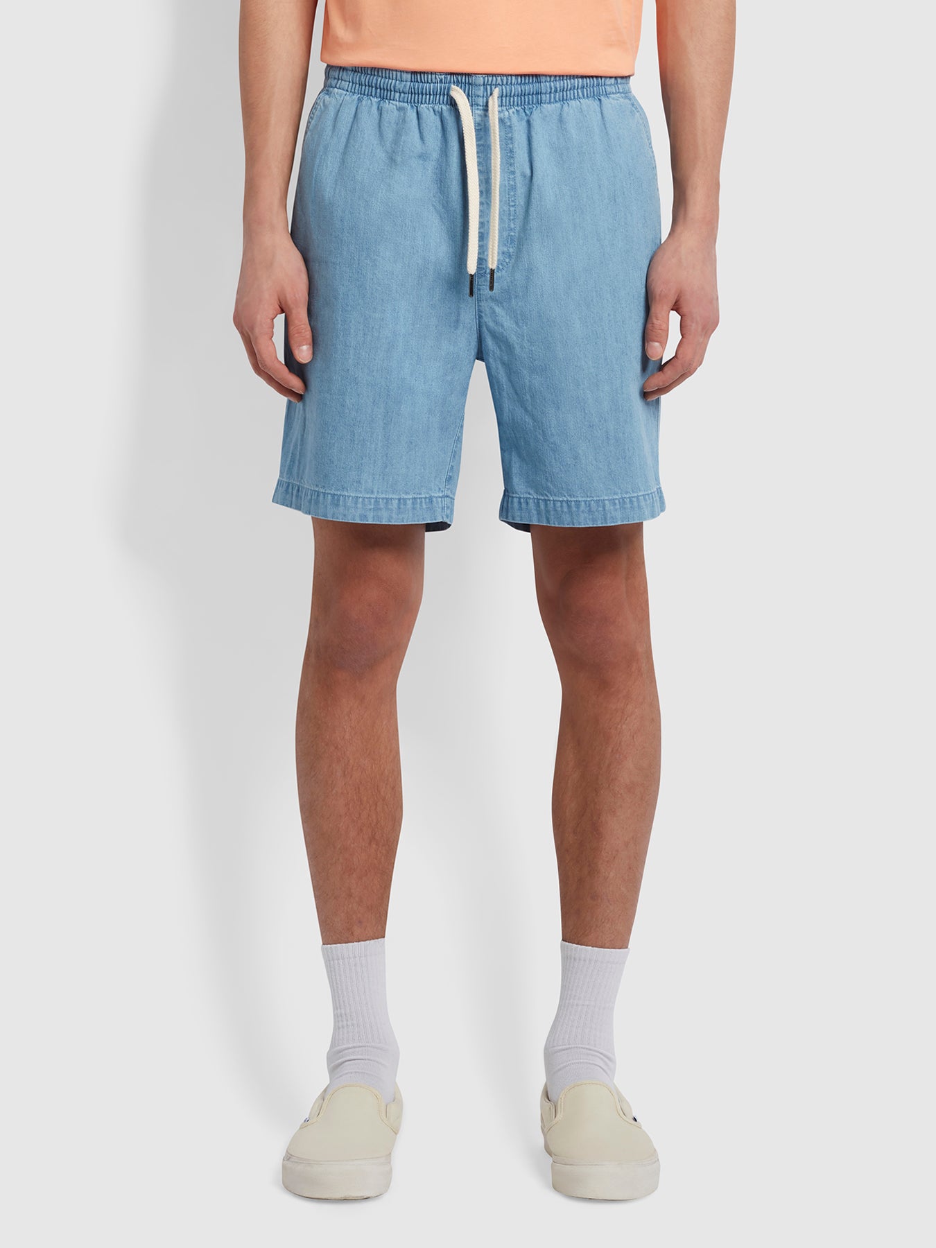 View Redwald Organic Denim Drawstring Shorts In Stone Wash information