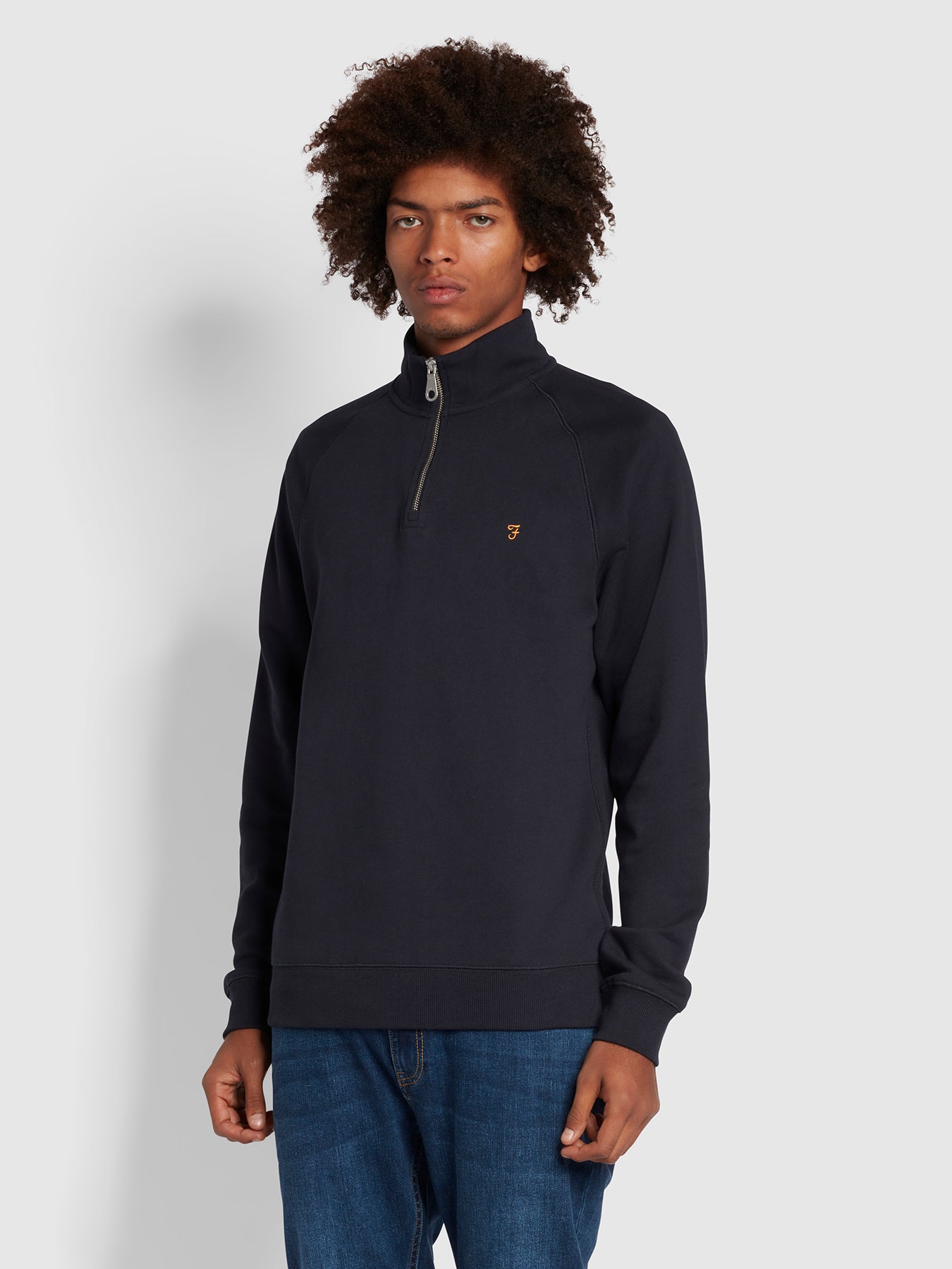 View Farah Jim Organic Cotton Quarter Zip Sweatshirt In True Navy Blue Mens information