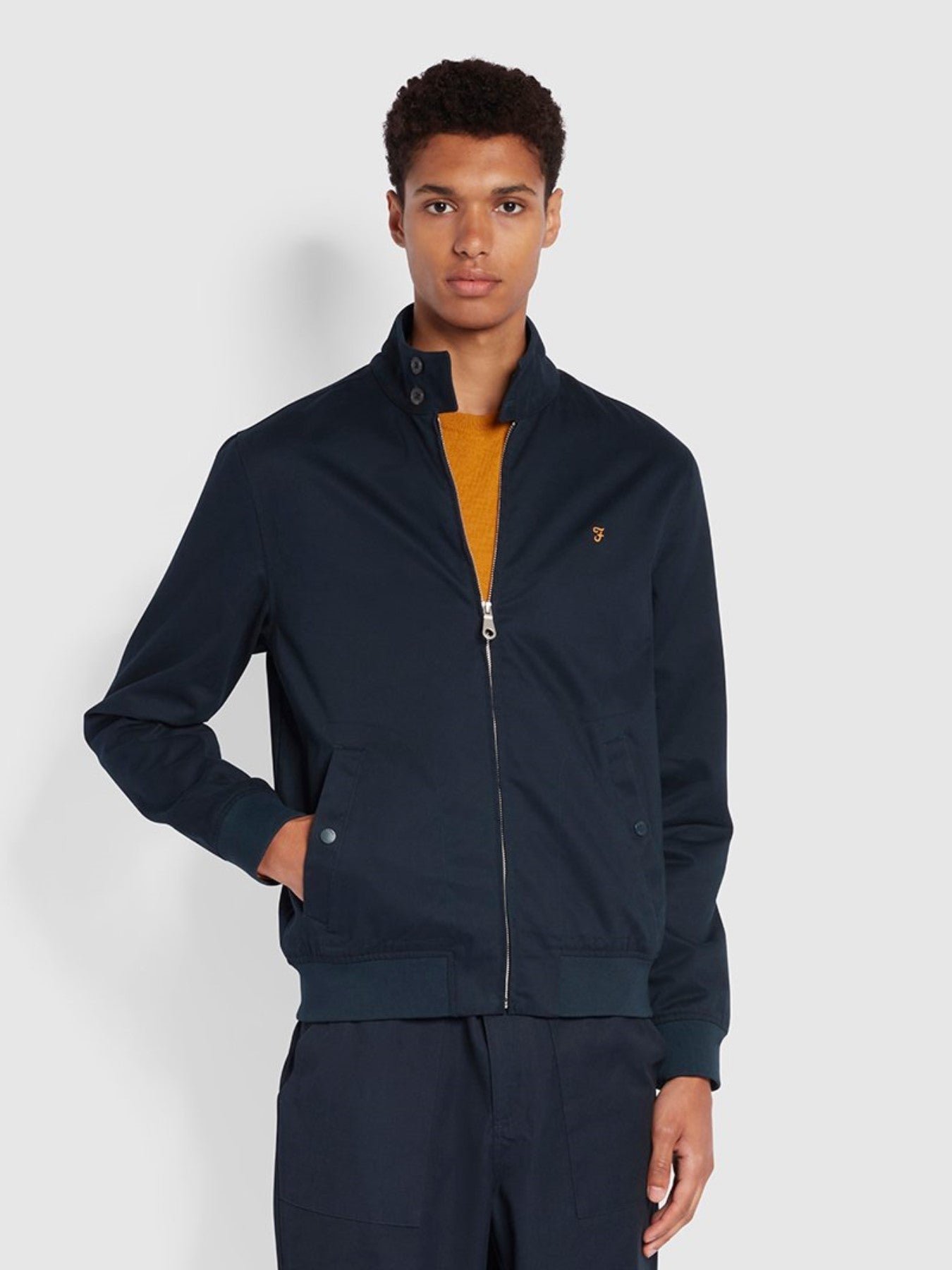 View Farah Waldorf Tall Fit Organic Cotton Harrington Jacket In True Navy Blue Mens information