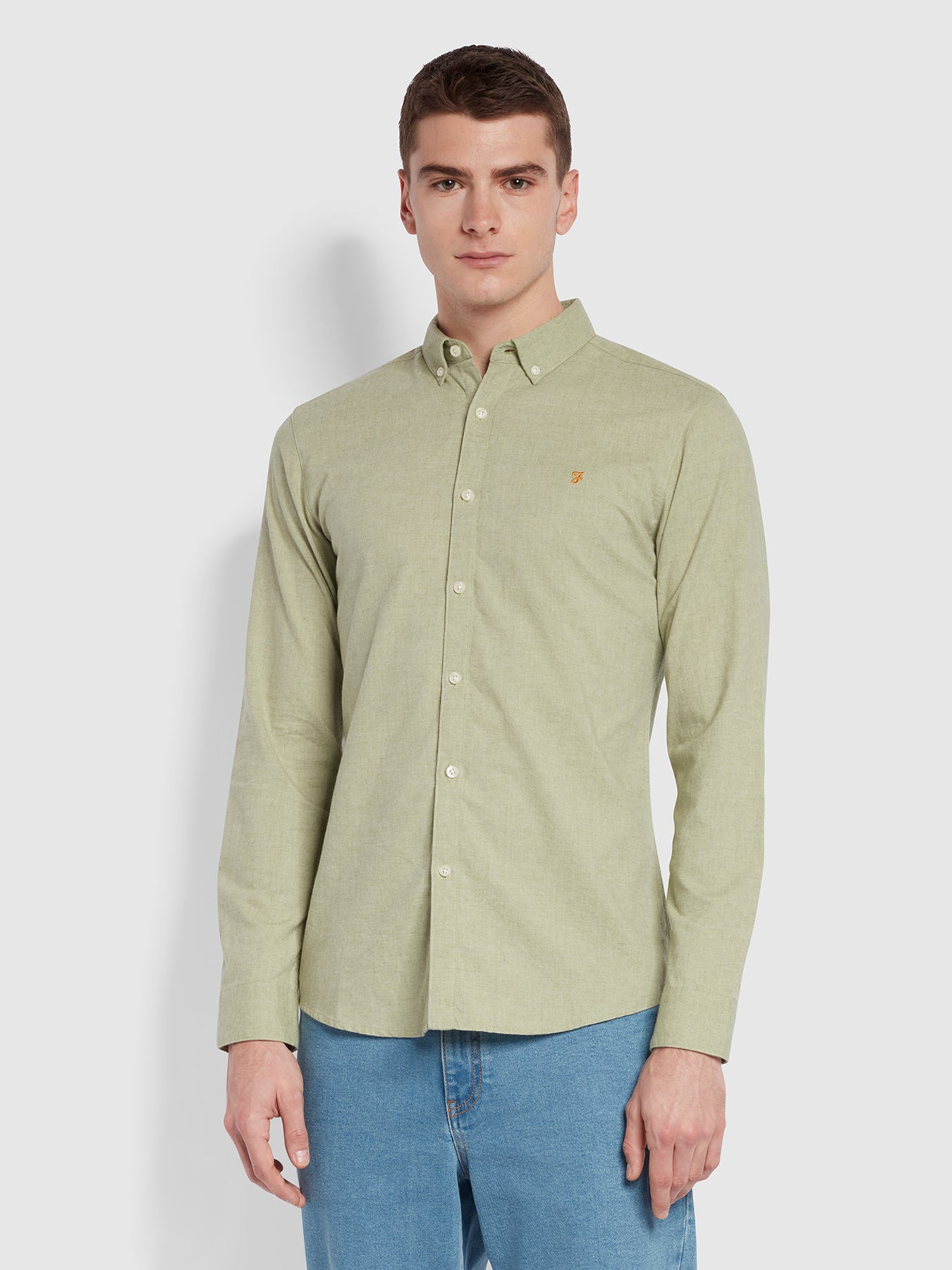 View Steen Slim Fit Long Sleeve Brushed Shirt In Moss Green information