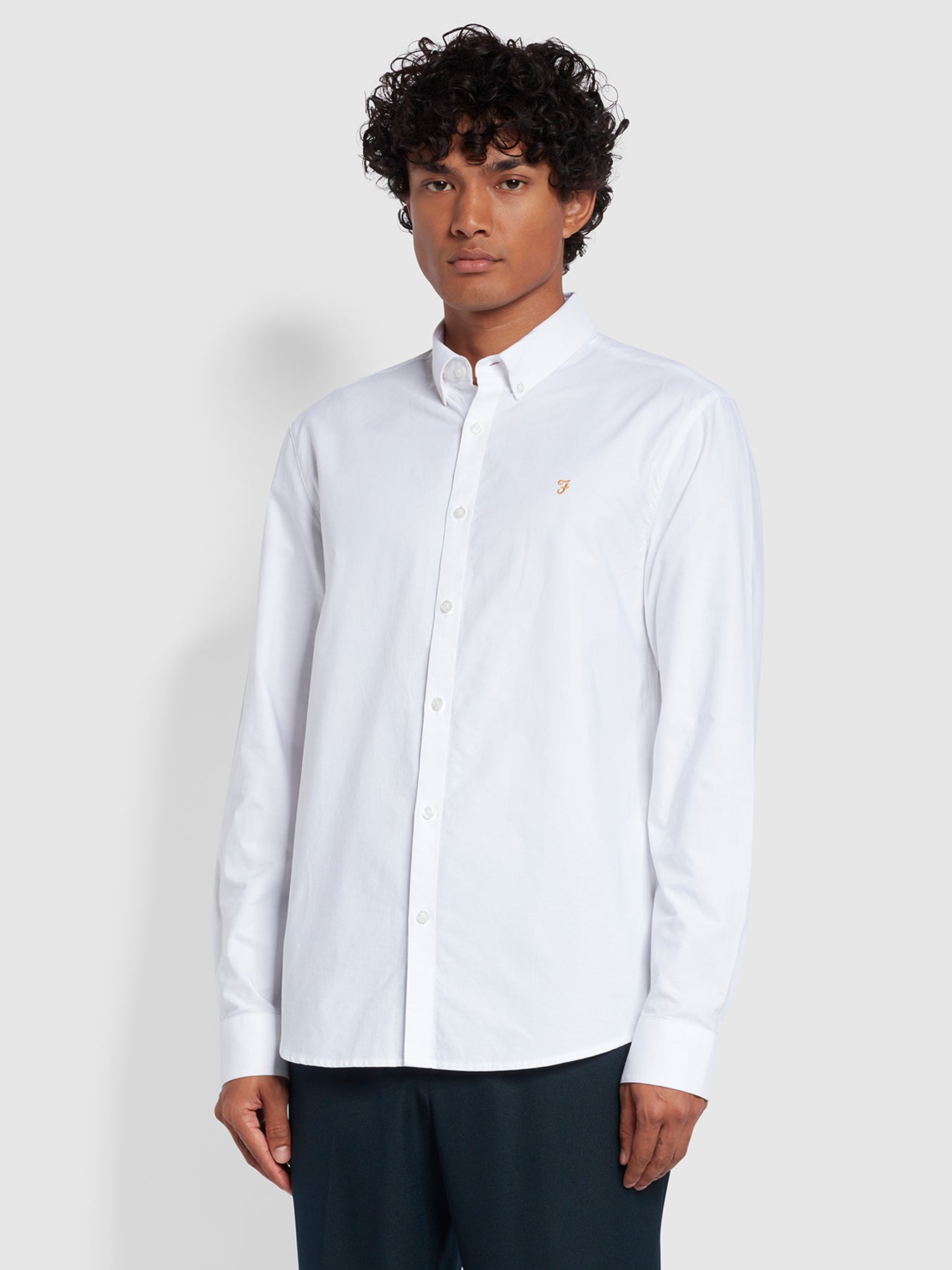 Farah Brewer Casual Fit Long Sleeve Organic Cotton Oxford Shirt In White