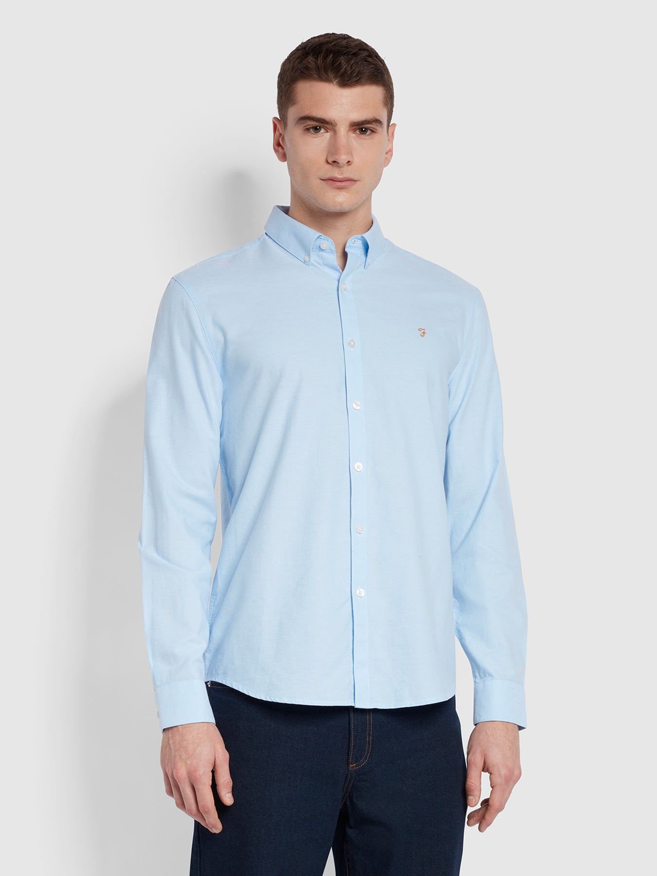 View Farah Brewer Casual Fit Long Sleeve Organic Cotton Oxford Shirt In Sky Blue Blue Mens information