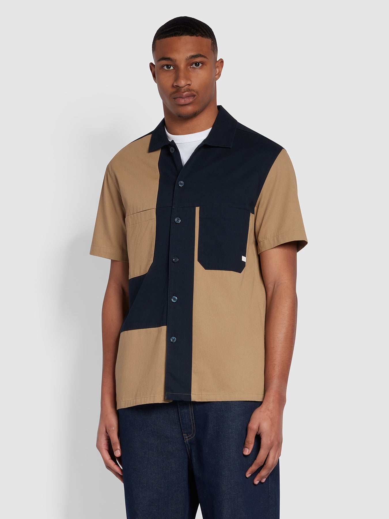 View Trojan Relaxed Fit Revere Panelled Shirt In True Navy information