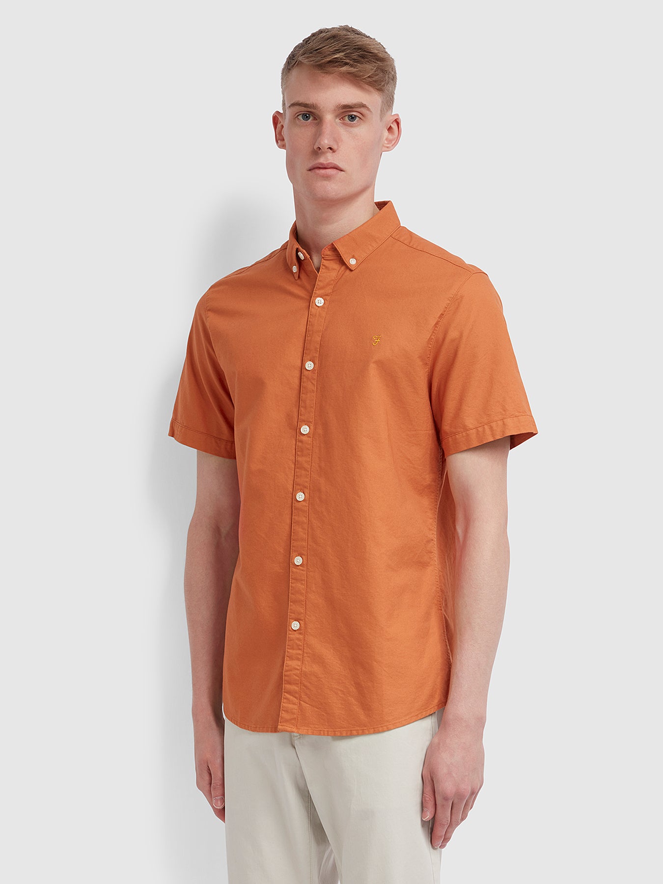 View Brewer Slim Fit Short Sleeve Oxford Shirt In Moroccan Orange information
