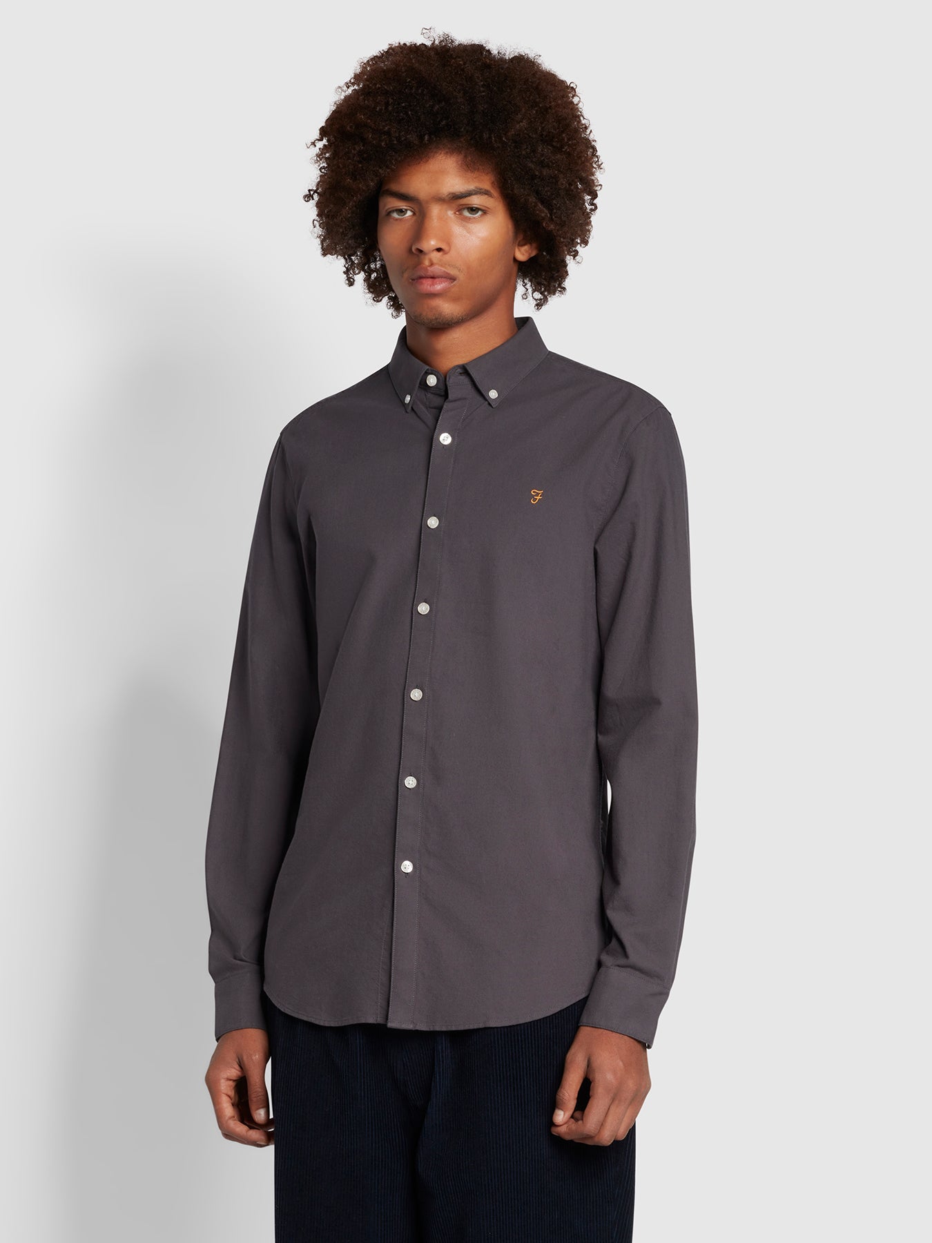 View Farah Brewer Slim Fit Organic Cotton Long Sleeve Shirt In Farah Grey Grey Mens information