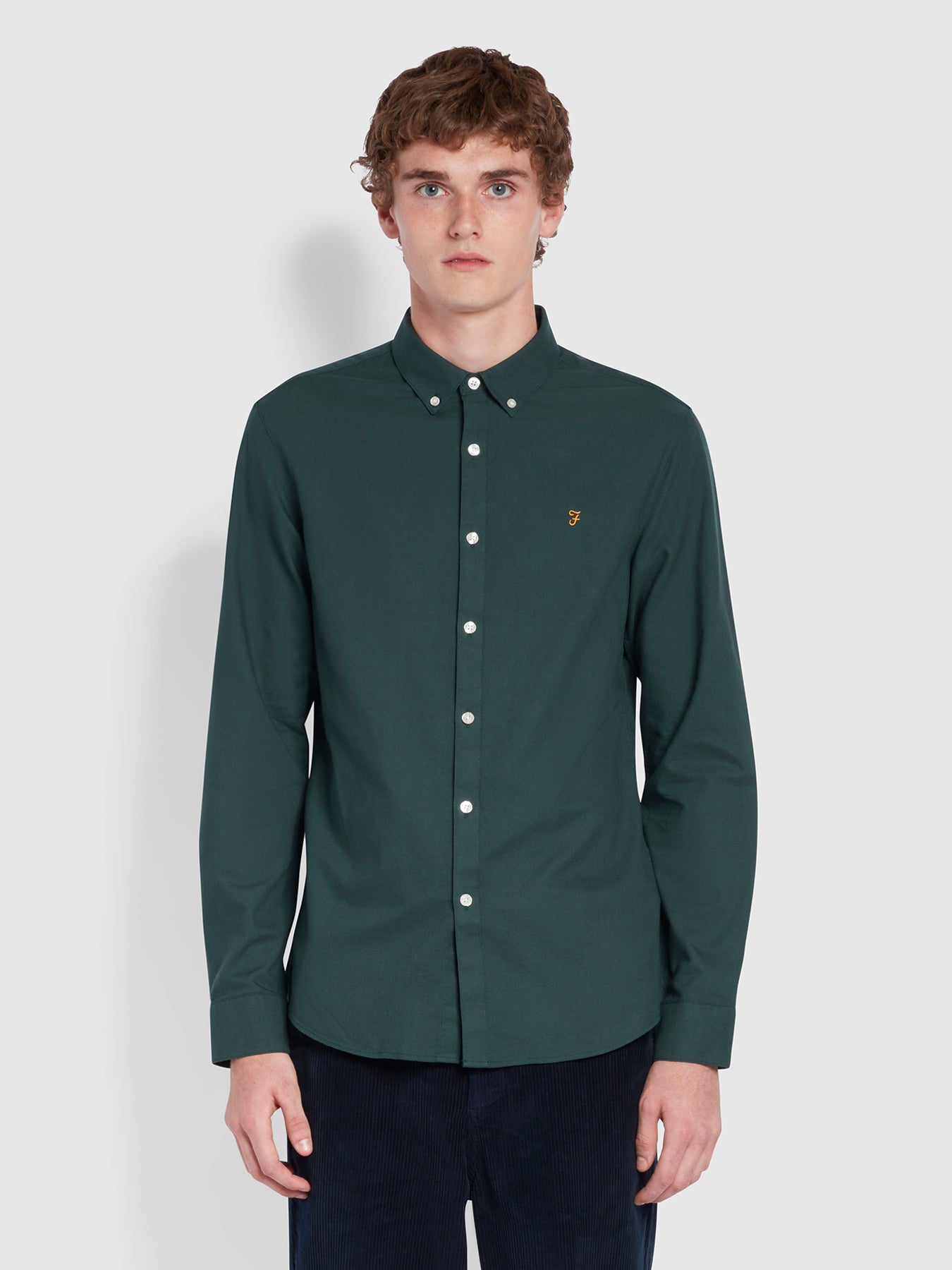 View Brewer Slim Fit Organic Cotton Oxford Shirt In Farah Forest Green information