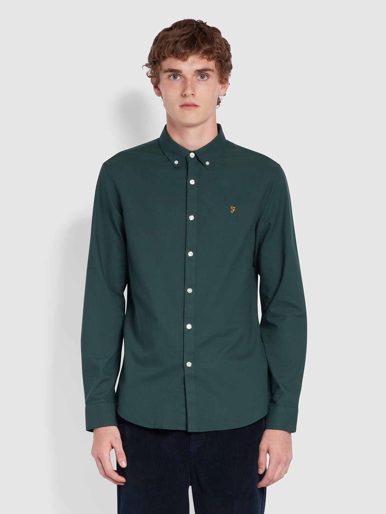 View Farah Brewer Slim Fit Organic Cotton Oxford Shirt In Farah Forest Green Green Mens information