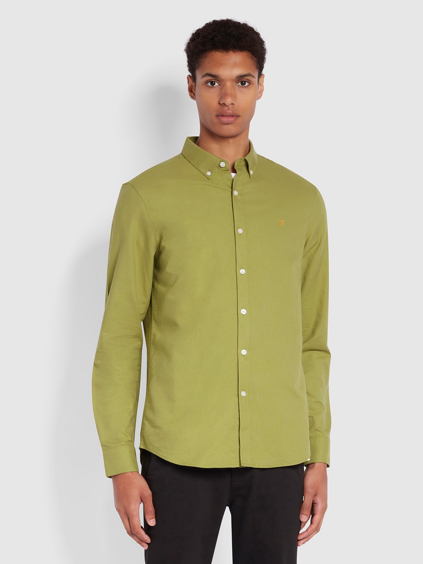 View Brewer Slim Fit Organic Cotton Oxford Shirt In Green Olive information