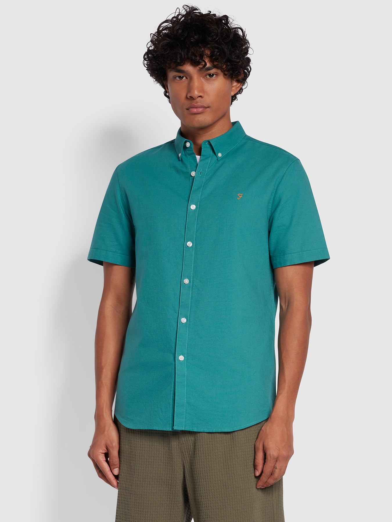 View Brewer Slim Fit Short Sleeve Organic Cotton Oxford Shirt In Mallard Gr information