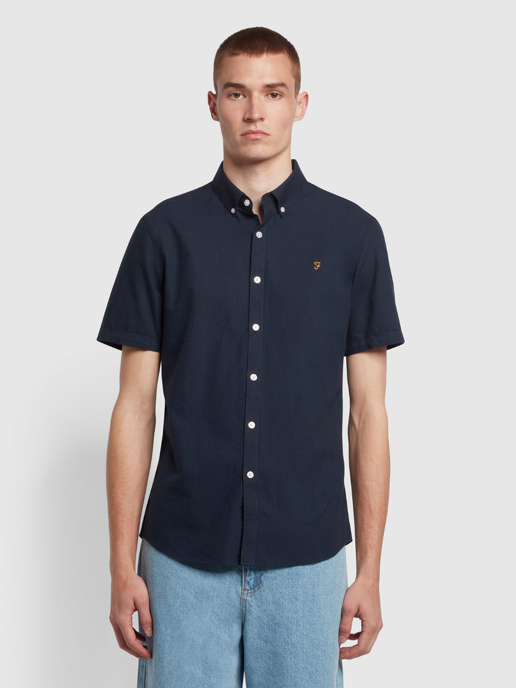 View Brewer Slim Fit Short Sleeve Organic Cotton Oxford Shirt In Navy information