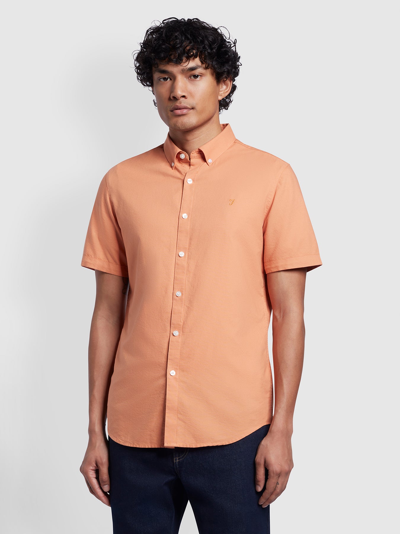 View Brewer Slim Fit Short Sleeve Organic Cotton Oxford Shirt In Mandarin information