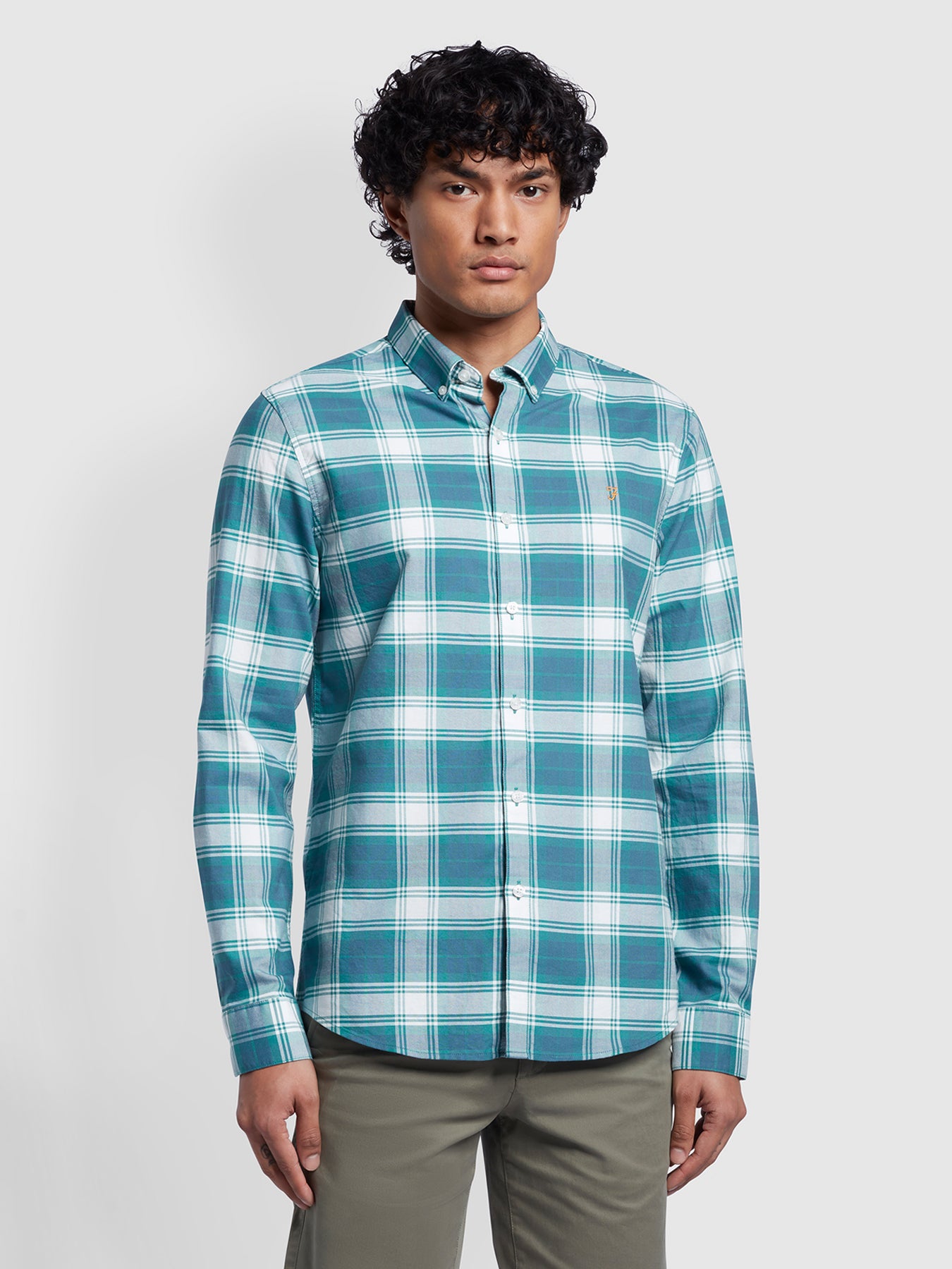 View Farah Brewer Slim Fit Organic Cotton Oxford Sleeve Check Shirt In Ocean Blue Mens information