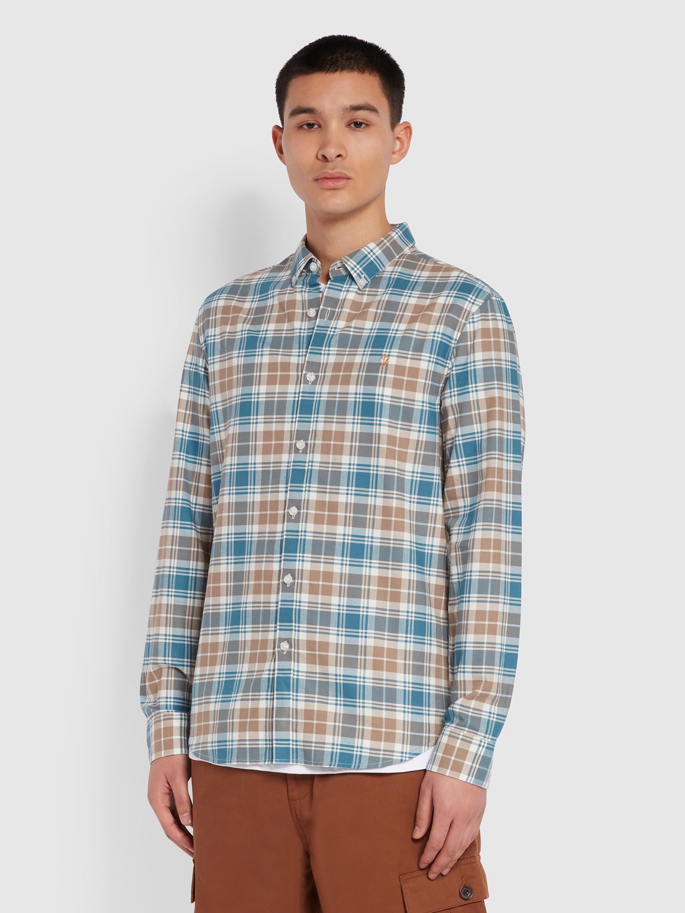 View Farah Brewer Slim Fit Check Organic Cotton Oxford Shirt In Saxe Farah GWQ MultiColoured Mens information