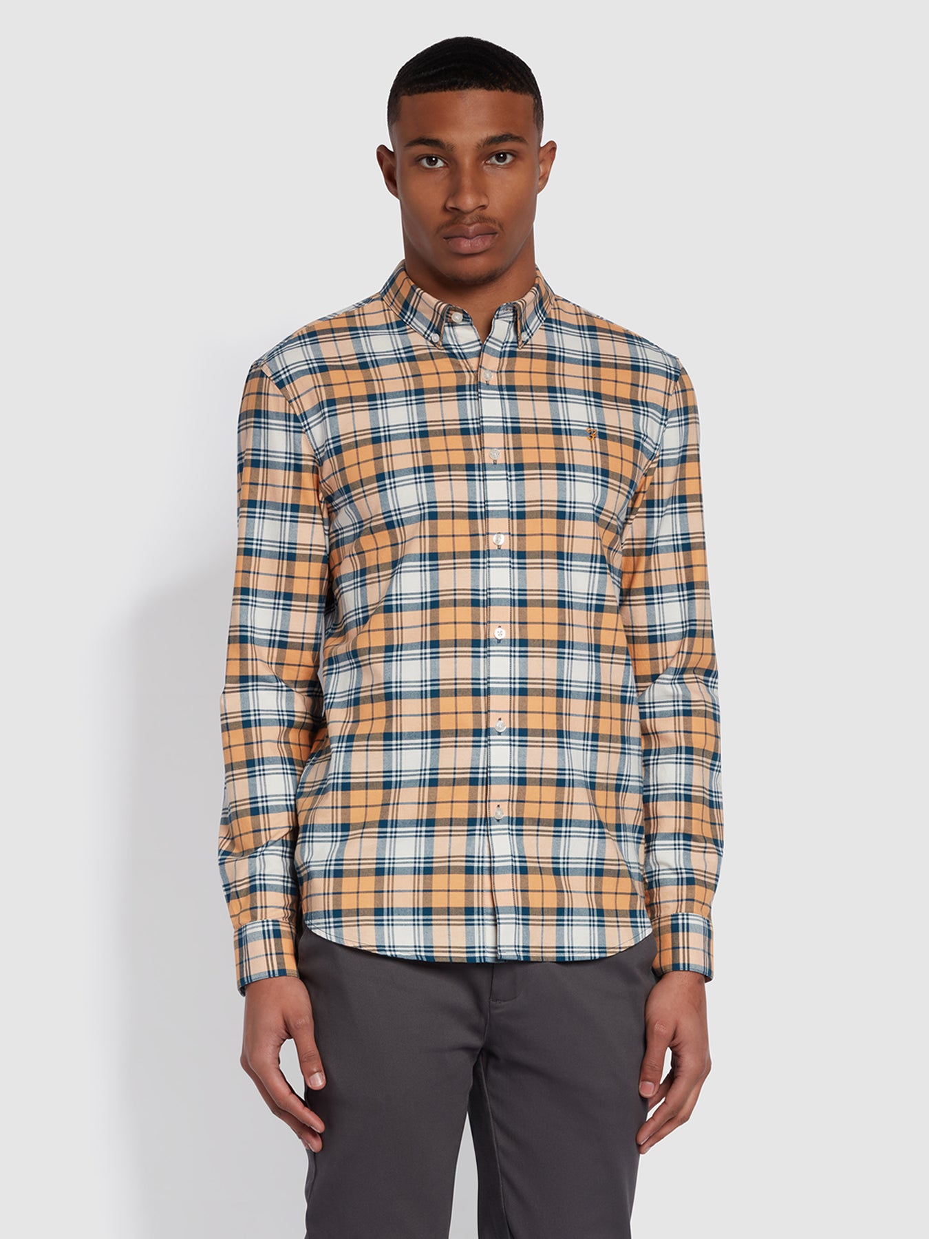 View Farah Brewer Slim Fit Organic Cotton Check Shirt In Vintage Orange Orange Mens information