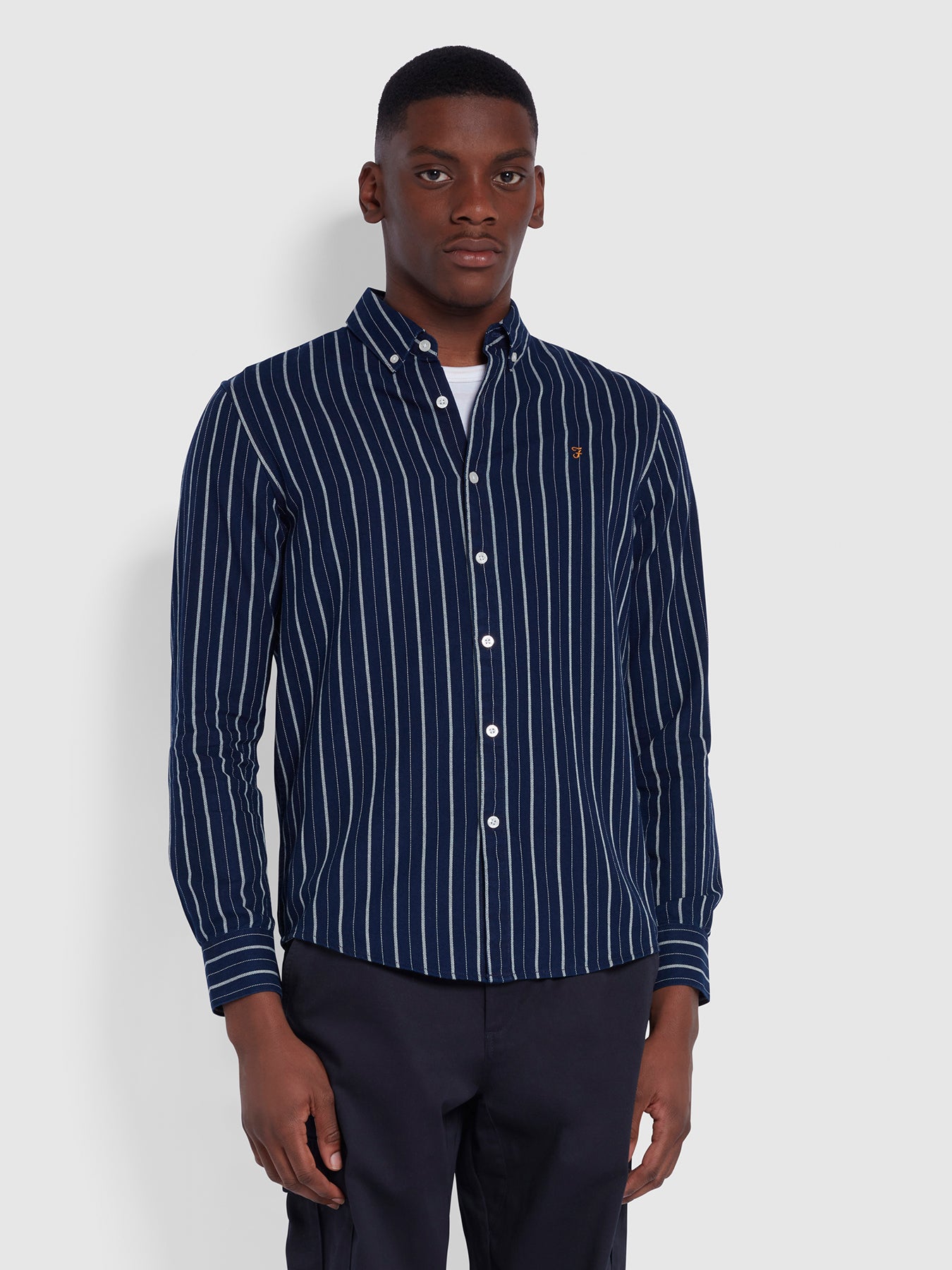 View Brewer Casual Fit Indigo Striped Organic Cotton Shirt In Mid Indigo information