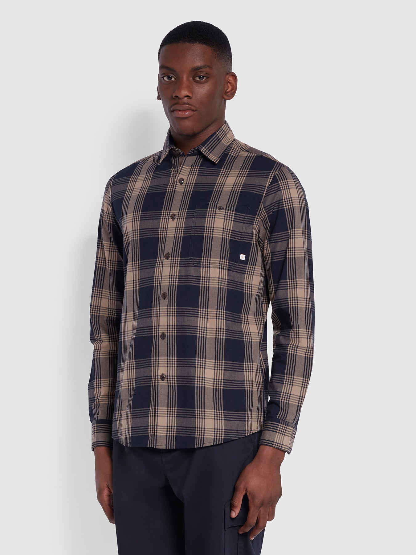 View Farah Garner Casual Fit Organic Cotton Check Shirt In True Navy Blue Mens information