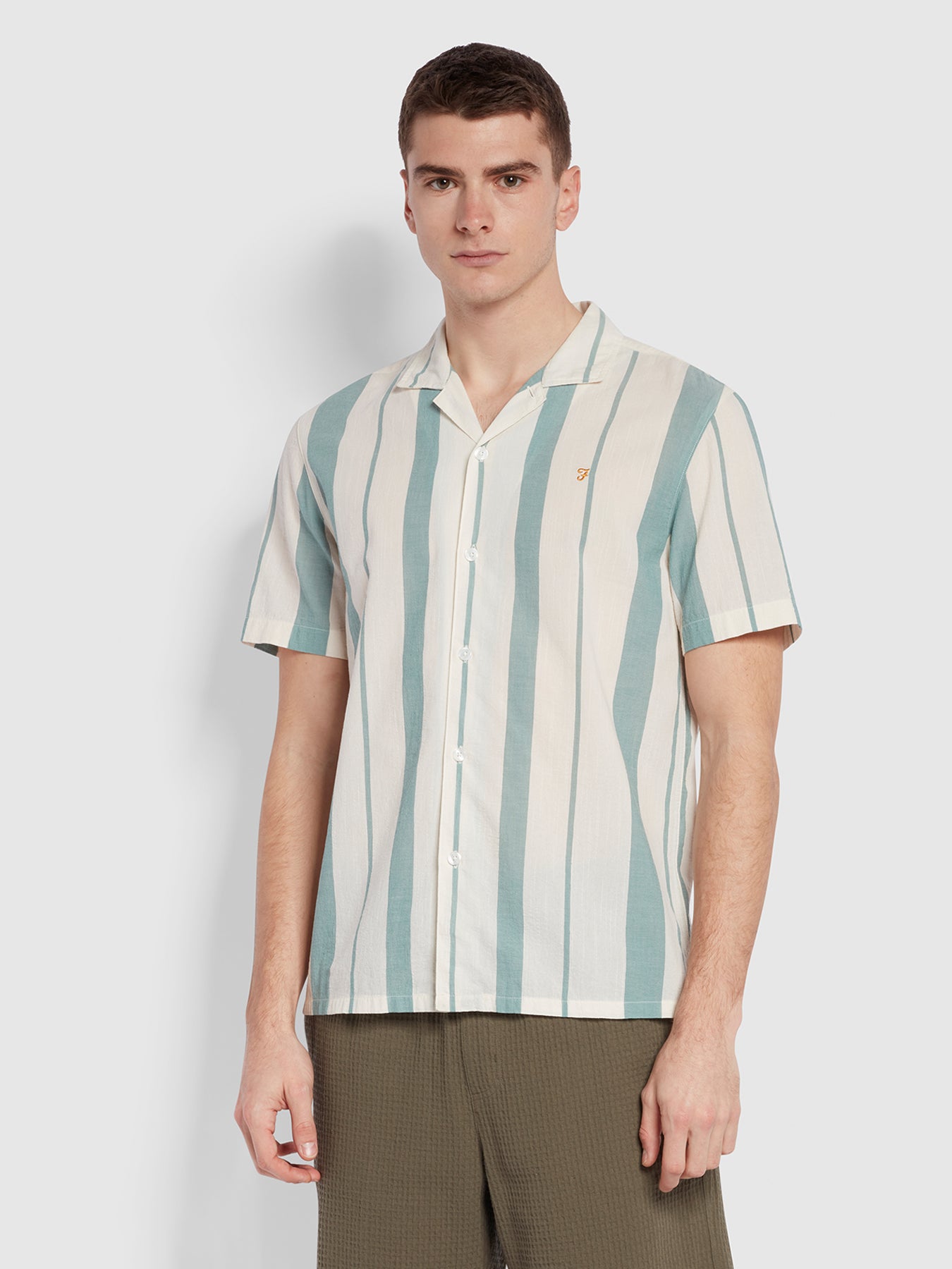 View Farah Adler Casual Fit Short Sleeve Stripe Revere Shirt In Mallard Green Green Mens information