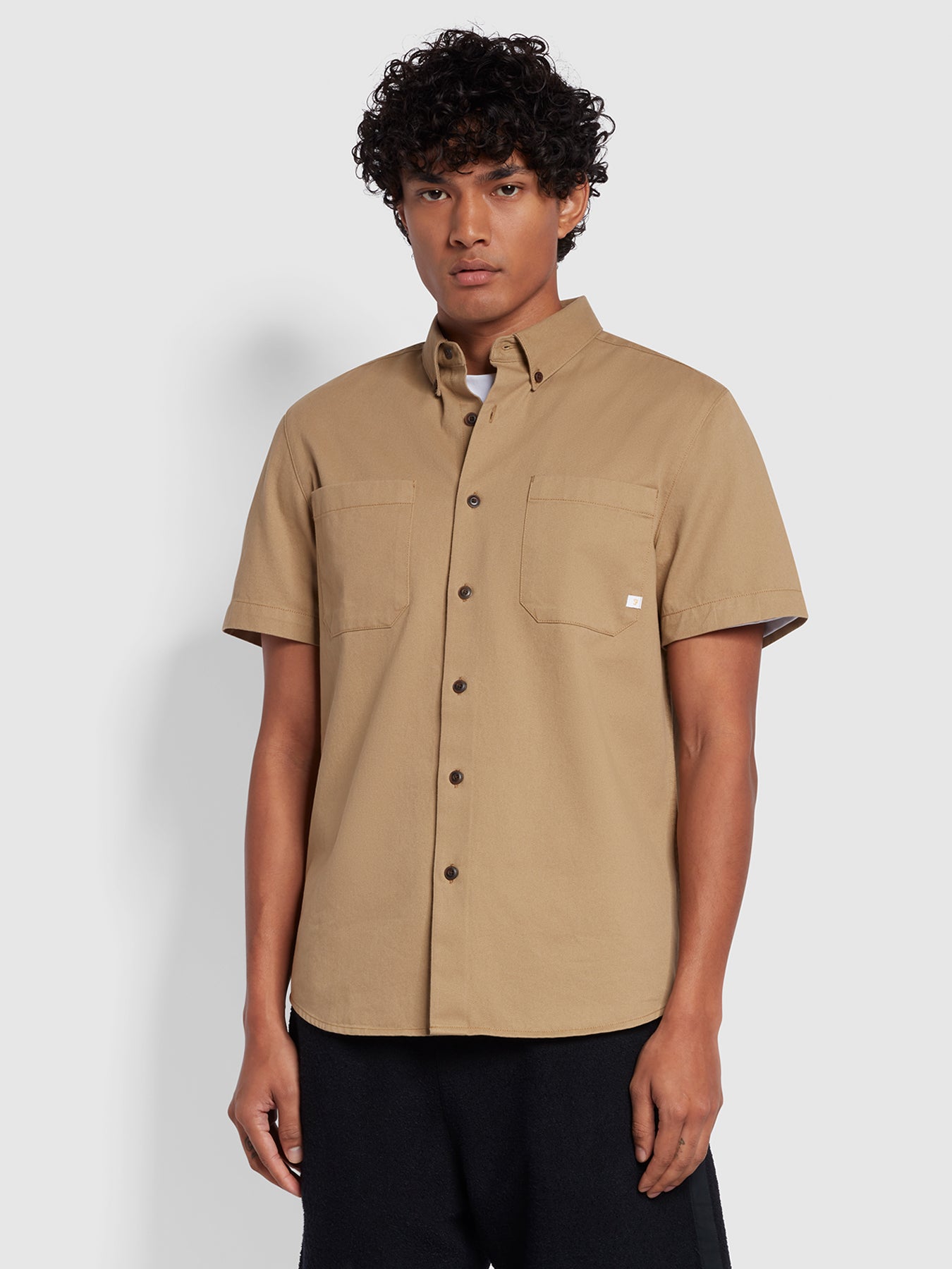 View Merrick Casual Fit Short Sleeve Cotton Twill Shirt In Beige information