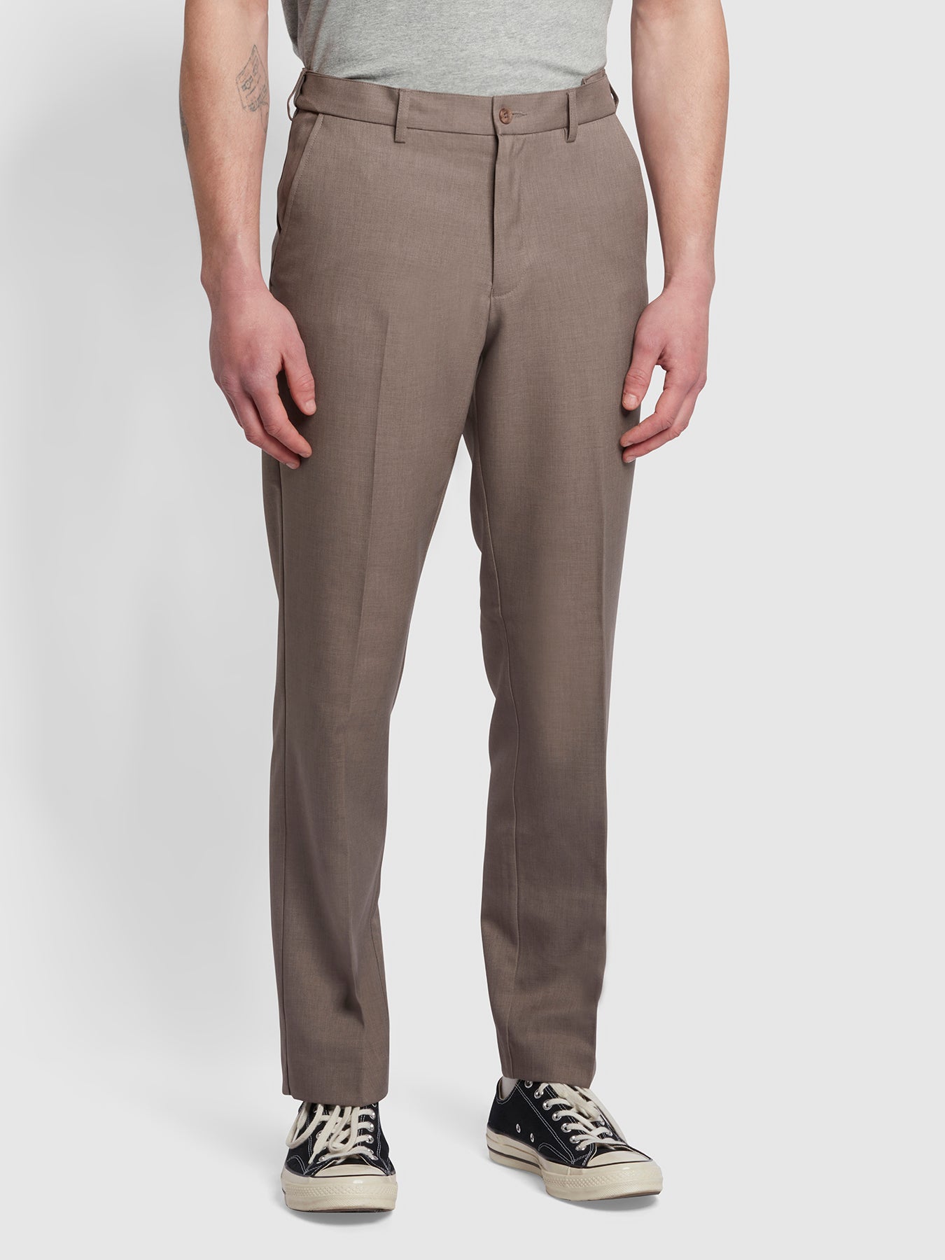 View Farah Roachman Flexi Waist Trousers In Dark Taupe Beige Mens information