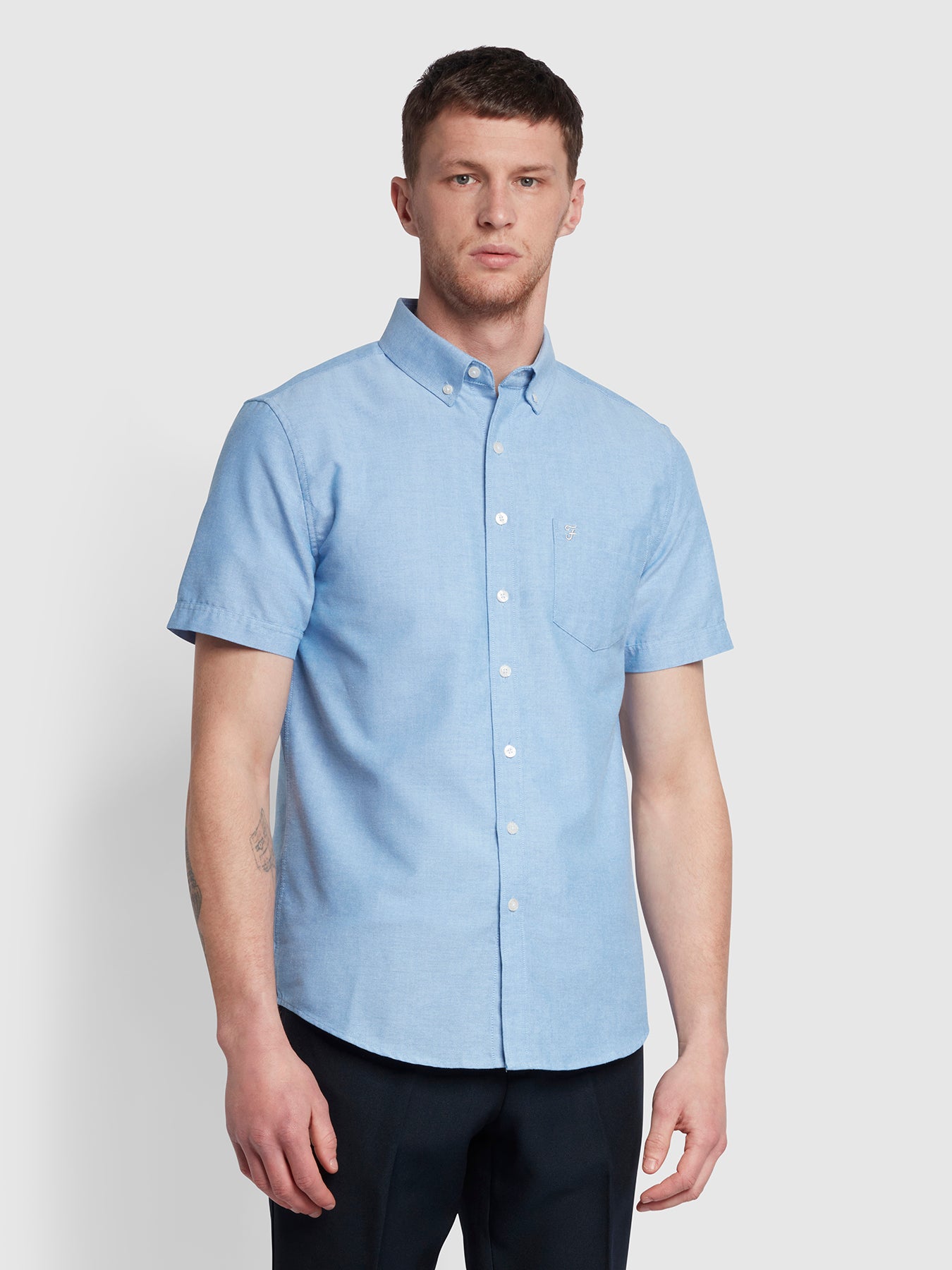 View Farah Drayton Modern Fit Short Sleeve Oxford Shirt In Regatta Blue Blue Mens information