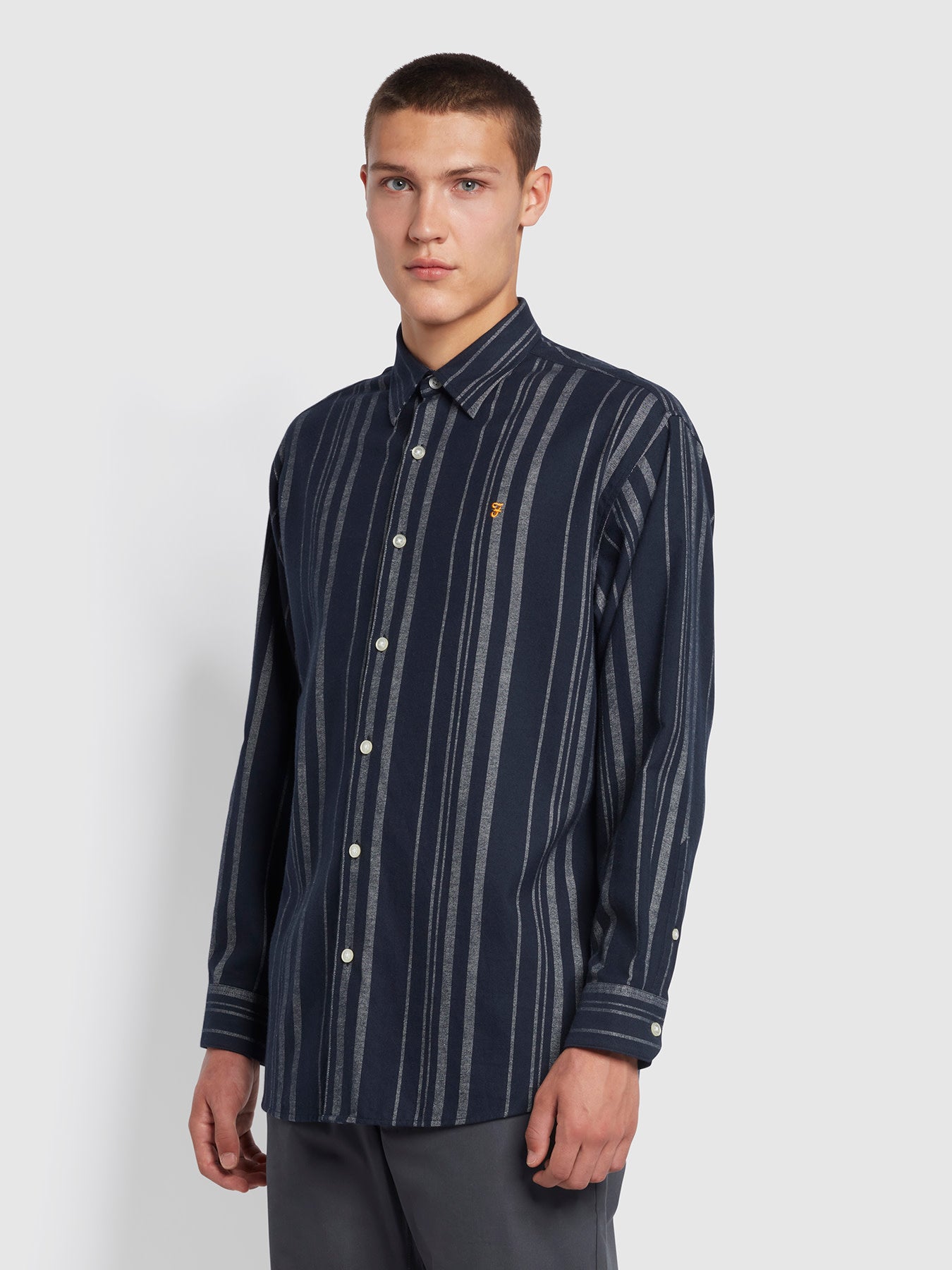 View Thompson Stripe Organic Cotton Shirt In True Navy information