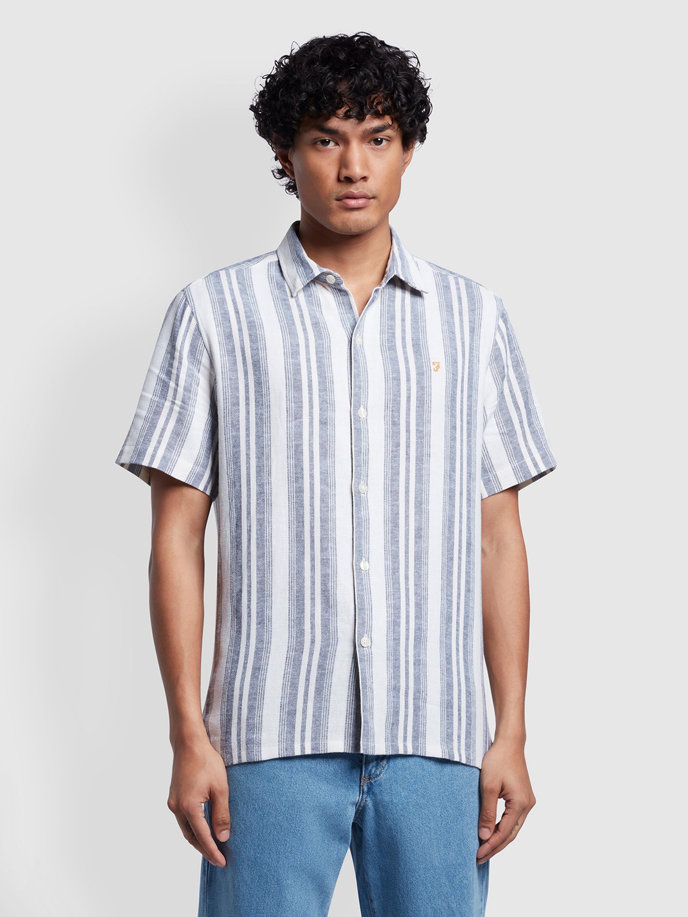 View Horsemouth Casual Fit Stripe Short Sleeve Linen Shirt In Fog information