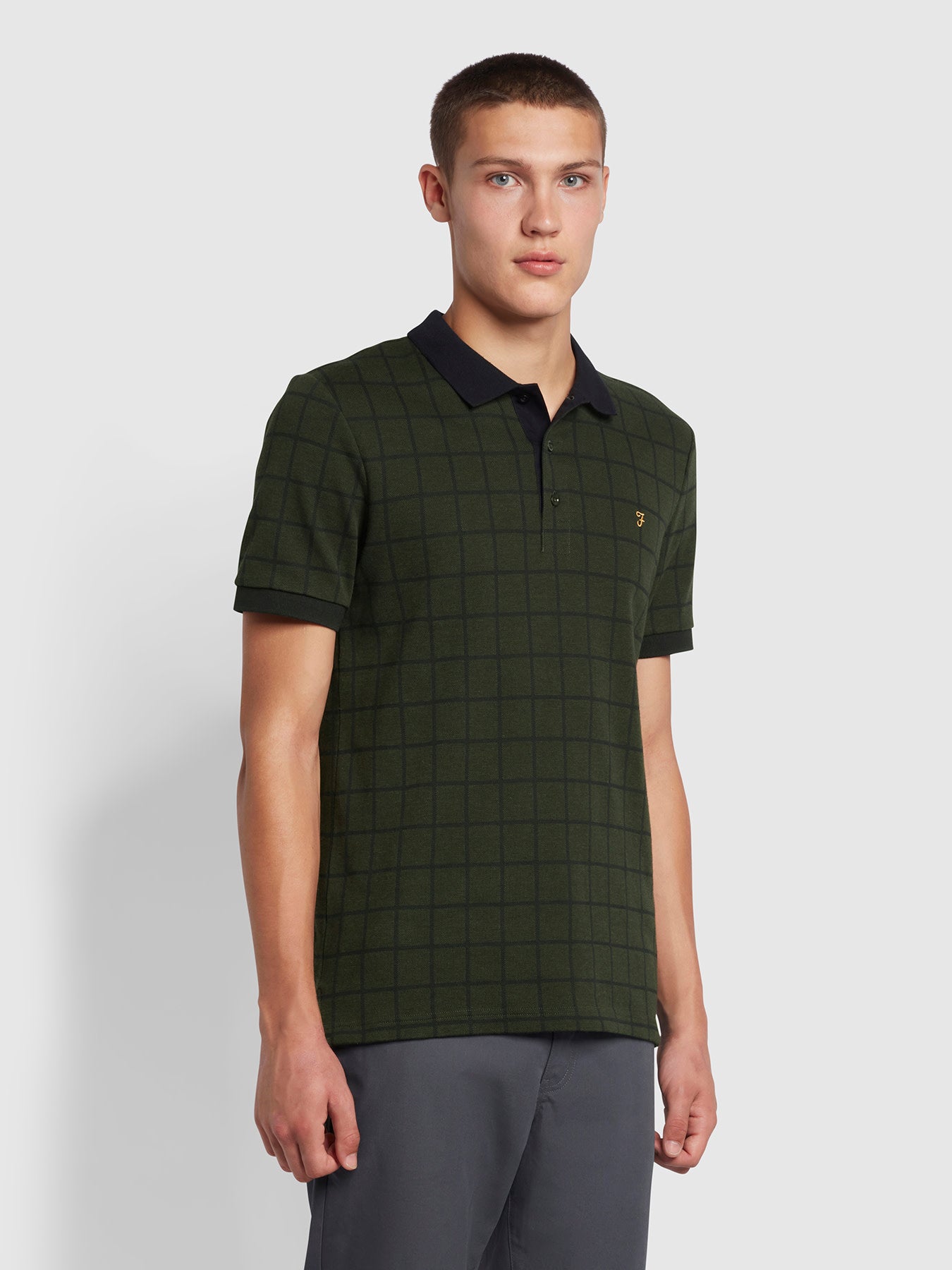 View Farah Hunningale Slim Fit Check Organic Cotton Polo Shirt In Evergreen Green Mens information