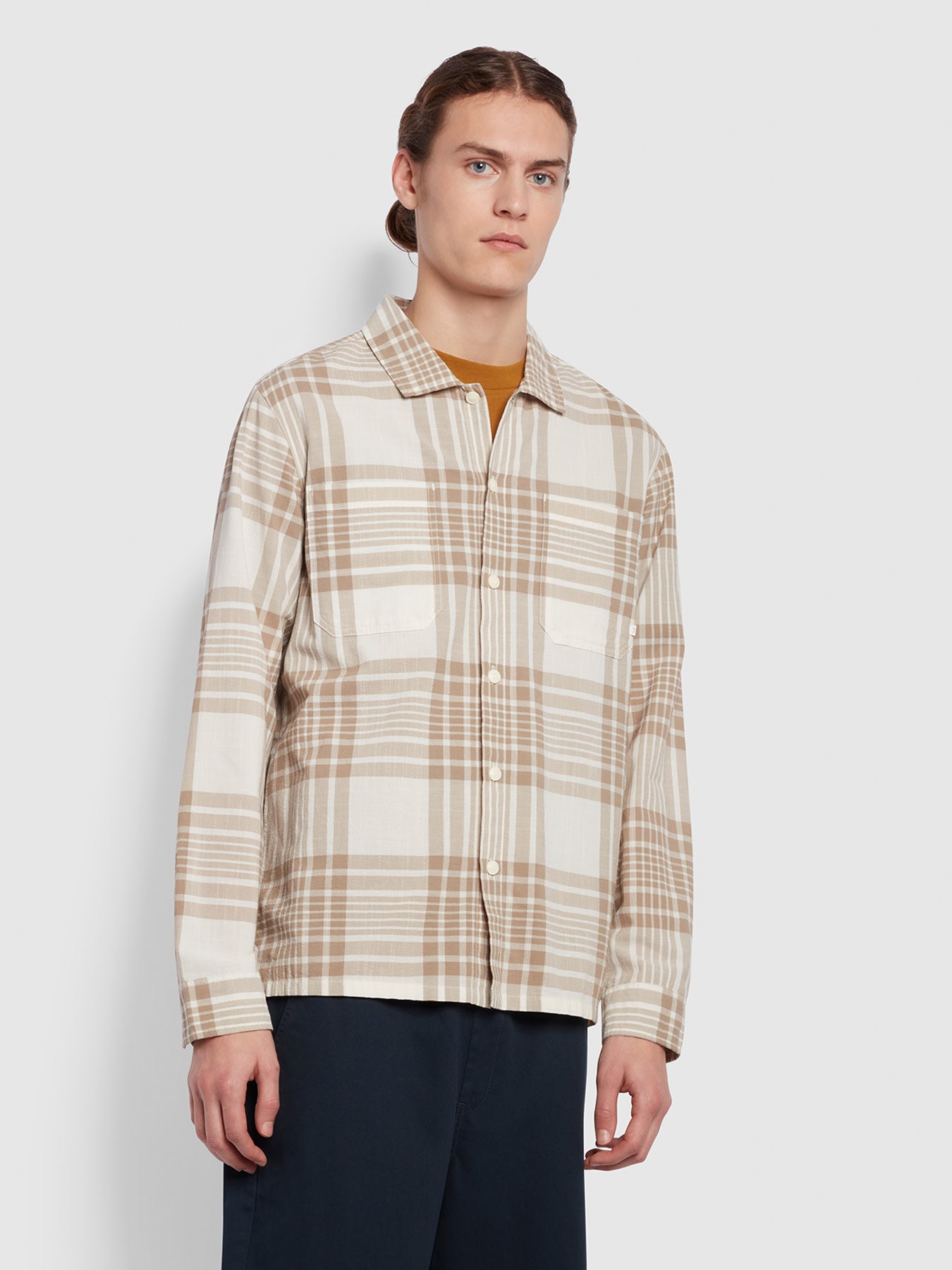 View Trestles Relaxed Fit Long Sleeve Crepe Check Overshirt In Smoky Brown information