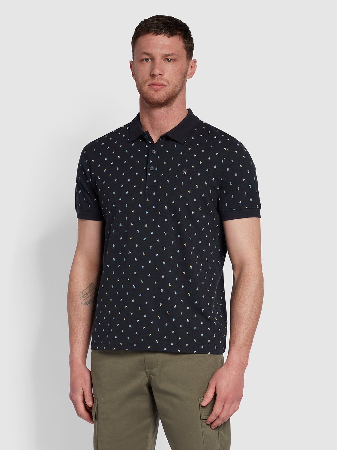 View Farah Tonkin Modern Fit All Over Print Polo Shirt In True Navy Blue Mens information