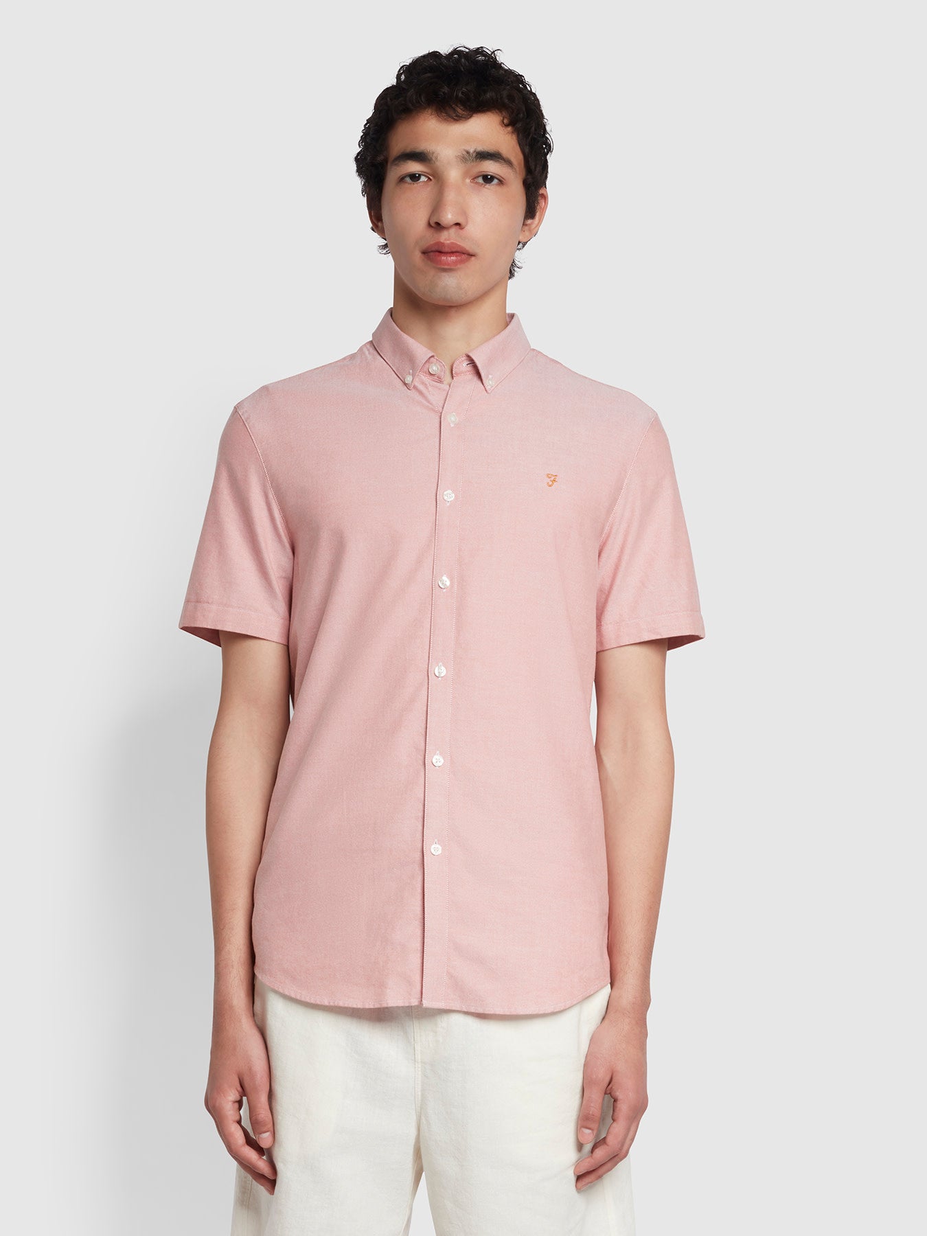 View Farah Brewer Slim Fit Short Sleeve Organic Cotton Oxford Shirt OrangePink Mens information