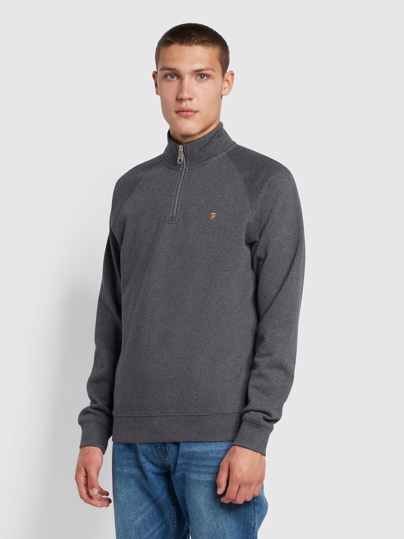 View Farah Jim Quarter Zip Organic Cotton Sweatshirt In Farah Grey Marl Grey Mens information