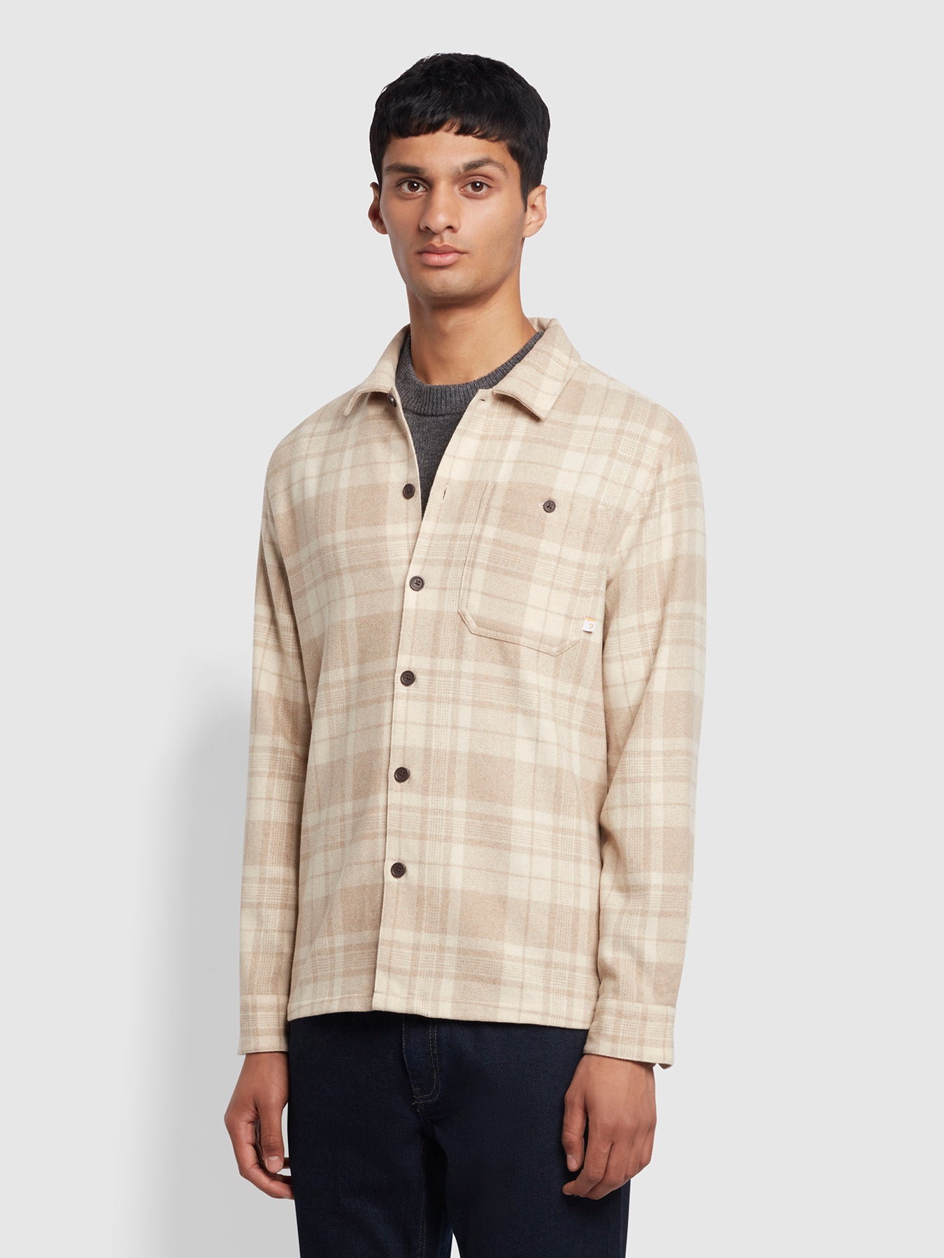 Farah Marks Relaxed Fit Check Overshirt In Beige