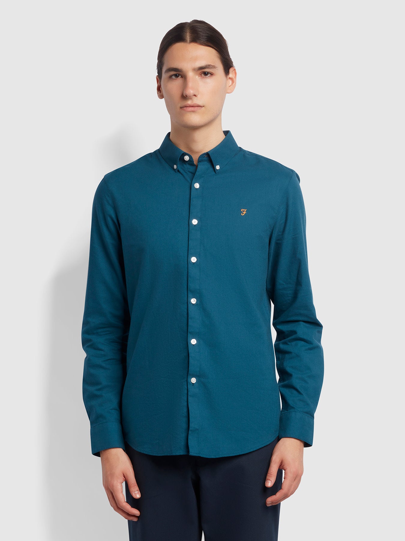 View Brewer Slim Fit Organic Cotton Oxford Shirt In Atlantic information