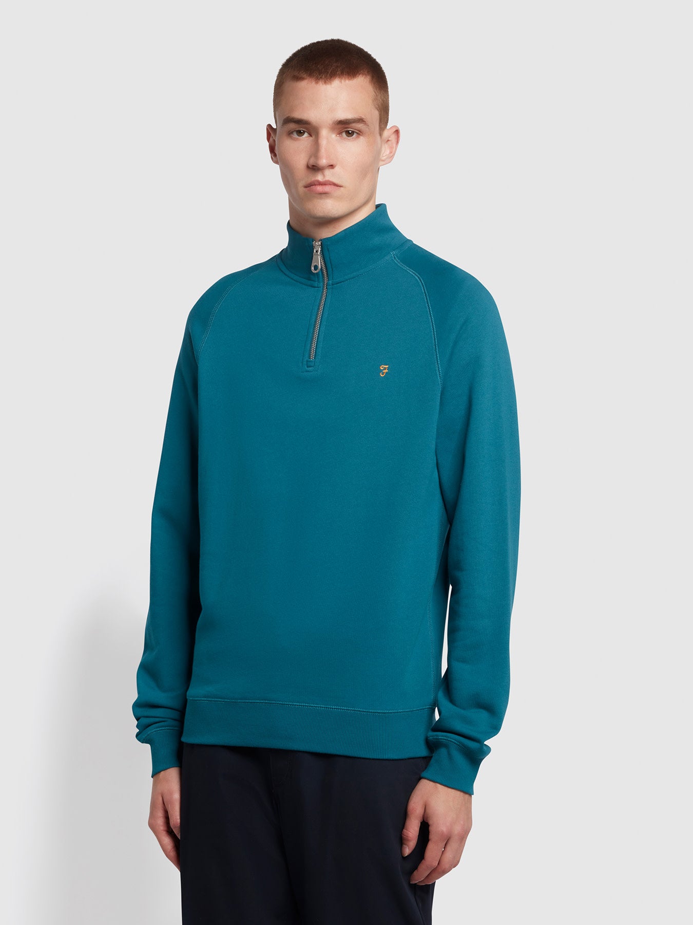 View Jim Slim Fit Organic Cotton Quarter Zip Sweatshirt In Oil Blue information