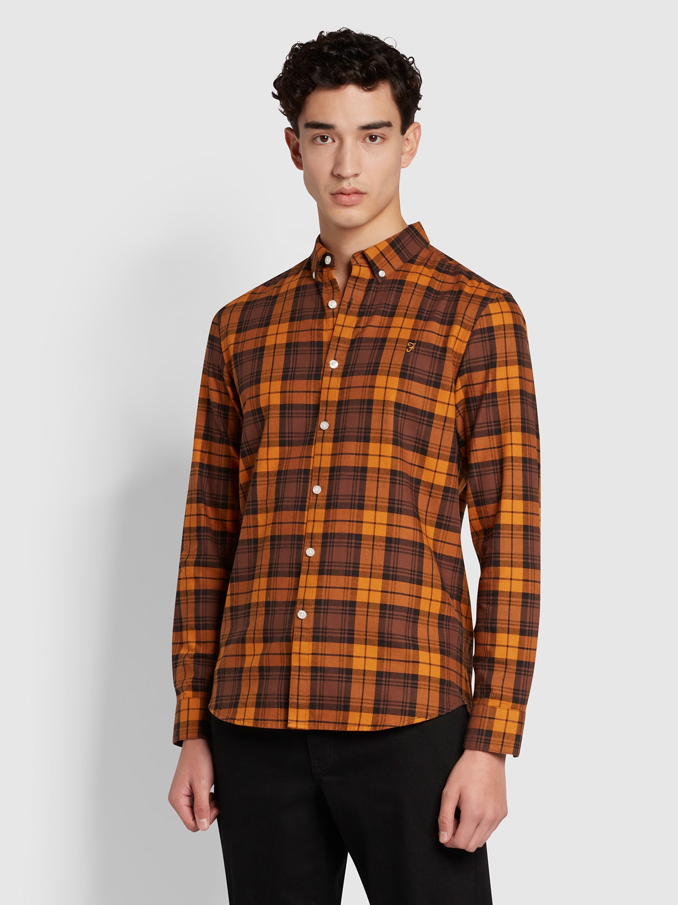 View Farah Brewer Slim Fit Long Sleeve Check Shirt Brown Mens information