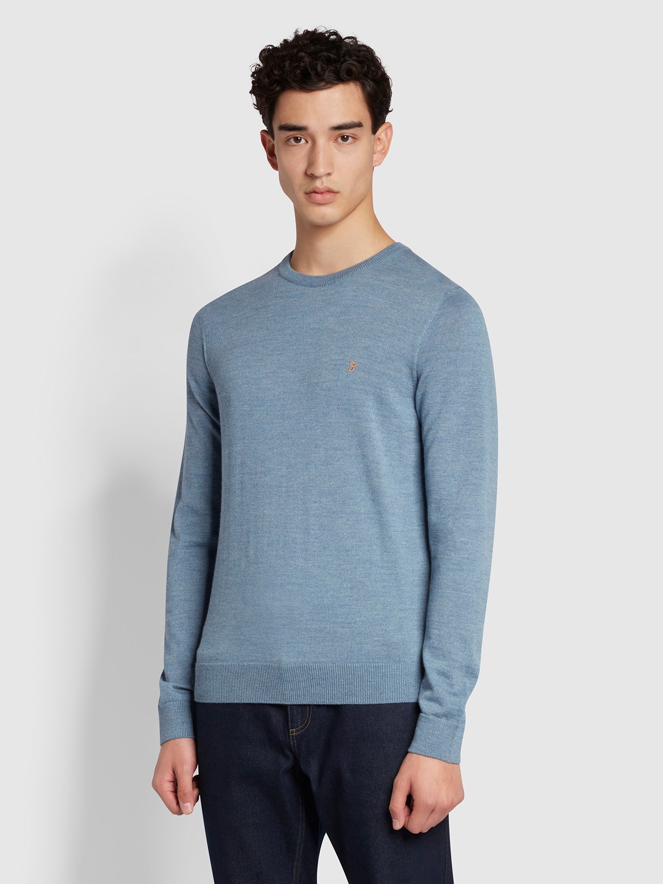 View Mullen Slim Fit Merino Wool Crew Neck Jumper In Mid Blue information