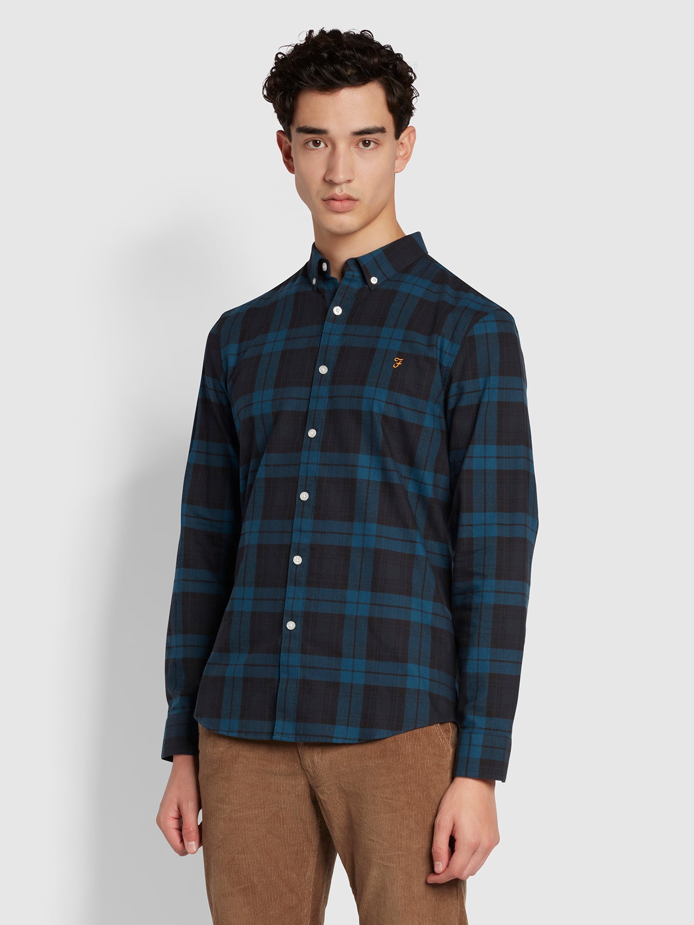 View Farah Brewer Slim Fit Organic Cotton Long Sleeve Check Shirt Blue Mens information