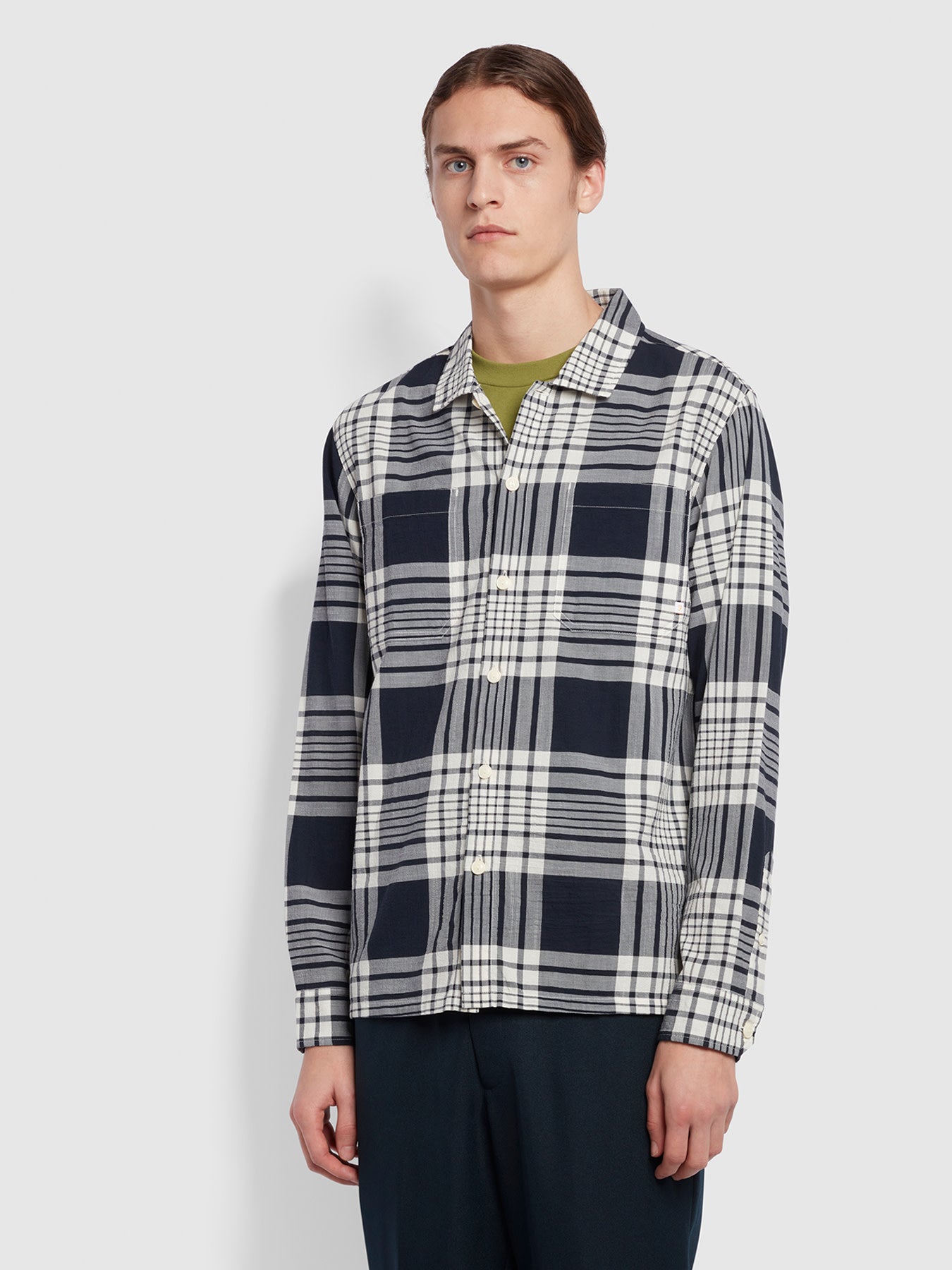 View Farah Trestles Relaxed Fit Long Sleeve Crepe Check Overshirt In True Navy Blue Mens information