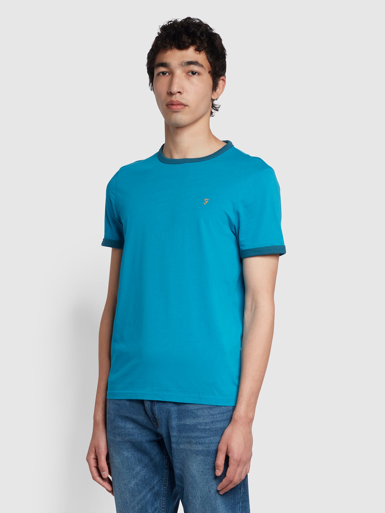 View Farah Groves Regular Fit Organic Cotton Ringer TShirt In Blue Opal Blue Mens information