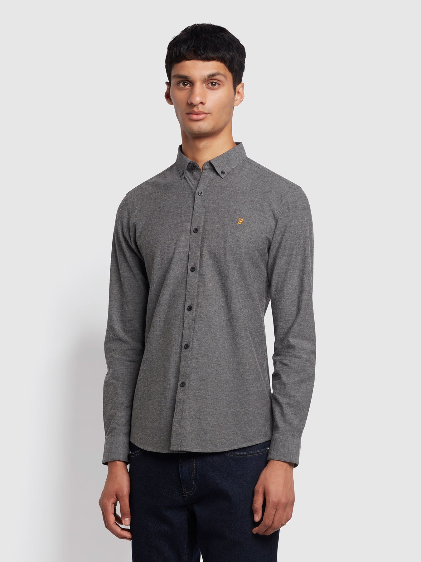 View Steen Slim Fit Brushed Organic Cotton Shirt In Farah Grey Marl information