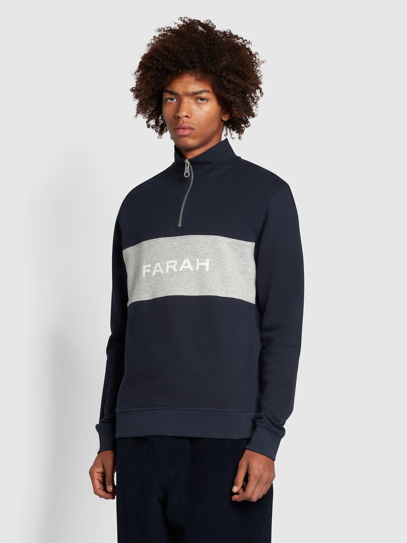 View Farah Orford Slim Fit Organic Cotton Quarter Zip Sweatshirt In True Navy Blue Mens information